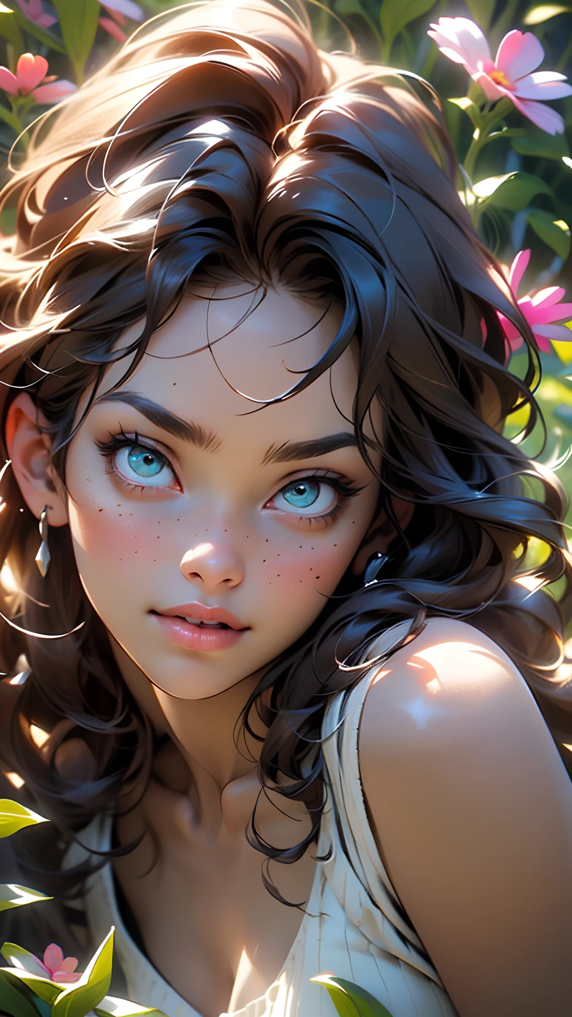 melancholy lighting, quiet, calm, brightness, masterpiece, best quality, 1girl, (JinxLol:1.2), (ultra photorealistic:1.3), (masterpiece:1.4), best quality, ((realistic)), high quality, ultra detailed, ((Real image)), ((realistic skin)), ((realistic face)),(illustration:1.05), (beautiful:1.05), (beautiful detailed eyes:1.05), (cinematic light:1.1), Full body, precise proportions, 18-year-old girl, skinny model lying on the grass, surrounding garden, tree shadow, DARK hair fluttering in the wind, tulle, long legs, slightly open feet, buttocks, blush, shyness, collarbone, abdominals, double weave, beautiful and delicate face, fair skin, real skin, (face detail), pores, super high resolution, 8k, parameters Best quality, masterpiece, super high resolution, (Realistic 2.0), More details, detailed skin, , wide smile, white teeth, voluminous DARK curly hair, perfect and well designed eyes, girlfriend, beautiful, beautiful, flowers, studio lighting