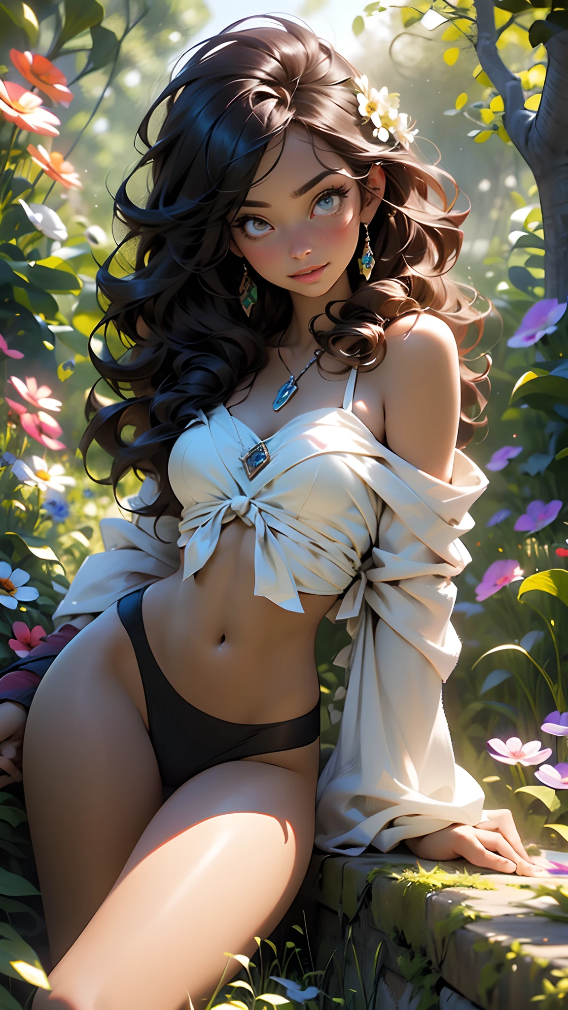 melancholy lighting, quiet, calm, brightness, masterpiece, best quality, 1girl, (JinxLol:1.2), (ultra photorealistic:1.3), (masterpiece:1.4), best quality, ((realistic)), high quality, ultra detailed, ((Real image)), ((realistic skin)), ((realistic face)),(illustration:1.05), (beautiful:1.05), (beautiful detailed eyes:1.05), (cinematic light:1.1), Full body, precise proportions, 18-year-old girl, skinny model lying on the grass, surrounding garden, tree shadow, DARK hair fluttering in the wind, tulle, long legs, slightly open feet, buttocks, blush, shyness, collarbone, abdominals, double weave, beautiful and delicate face, fair skin, real skin, (face detail), pores, super high resolution, 8k, parameters Best quality, masterpiece, super high resolution, (Realistic 2.0), More details, detailed skin, , wide smile, white teeth, voluminous DARK curly hair, perfect and well designed eyes, girlfriend, beautiful, beautiful, flowers, studio lighting