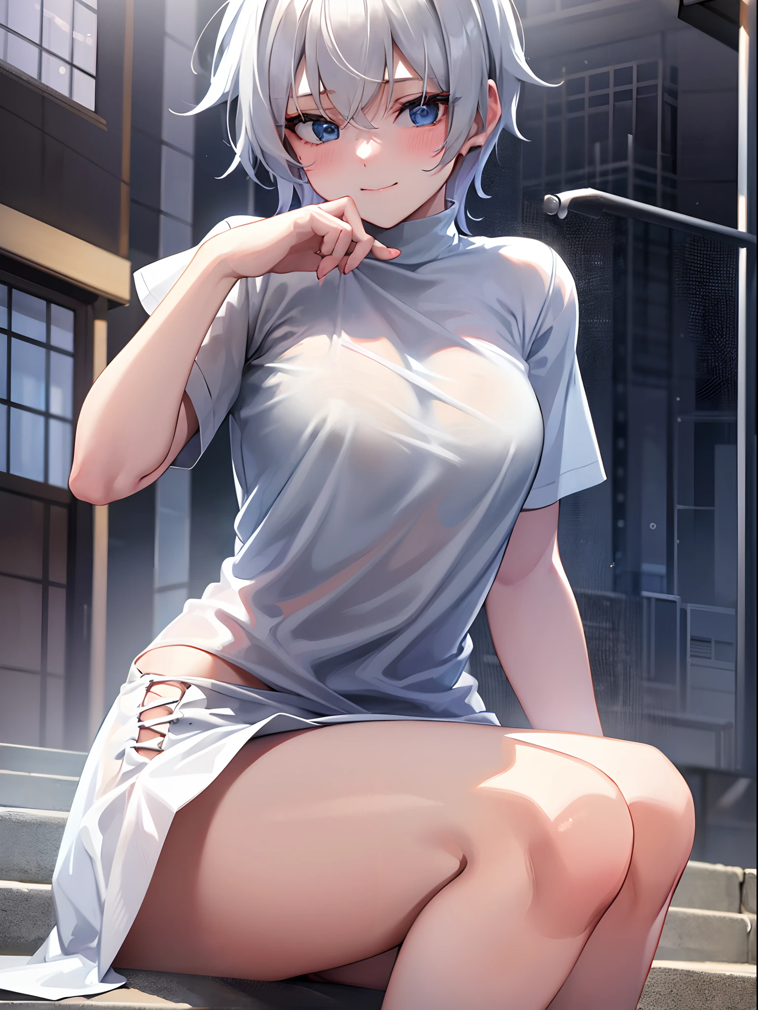 girl with,,white hair,blue eyess,Long white T-shirt,Not wearing,Underwear is sheer,smil,blushing cheeks,1人,sitting on,short-hair,Sweating,natta,Warm color light
