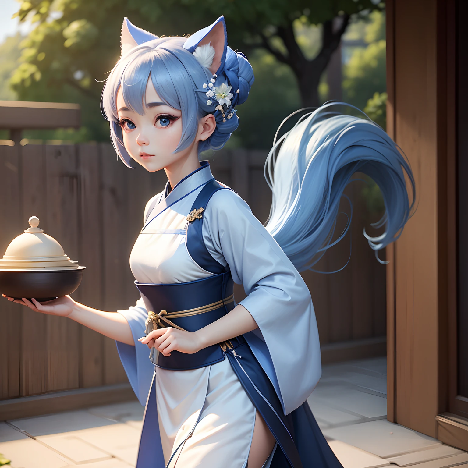 Super cute anthropomorphic small，Wearing elegant blue Hanfu, She is the god of cooking，she is walking，She looked around，Enjoying The Scenery，She's advertising her new dish，The background is full of traffic， Charming big eyes,Cute tail,Super realistic,Super detail,Luxurious,elegant,Gorgeous,illusory engine,rendering by octane, 8K,v-ray，Super realistic，