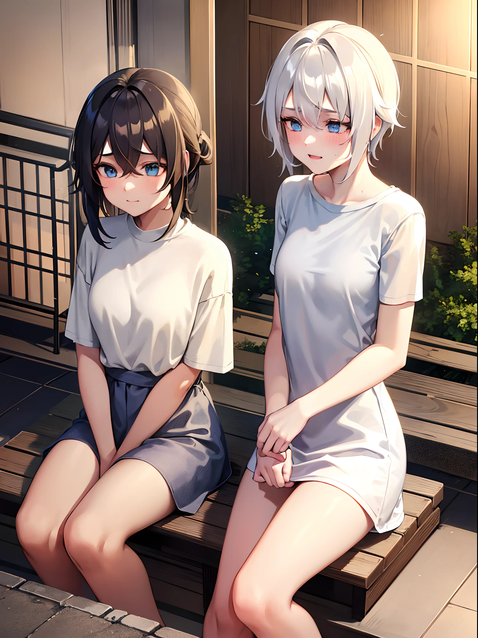 girl with,,white hair,blue eyess,Long white T-shirt,Not wearing,Underwear is sheer,smil,blushing cheeks,1人,sitting on,short-hair,Sweating,natta,Warm color light