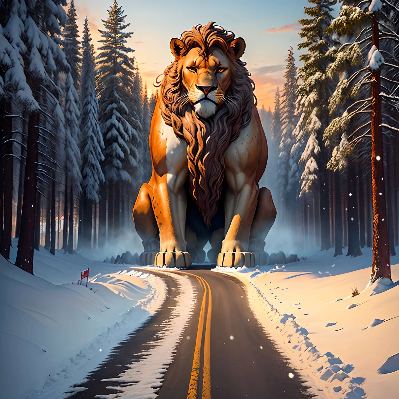 A giant statue of mufasa on a road. The roads are snowy. With giant sequoias around. The snow covers the road. There are cars on the road