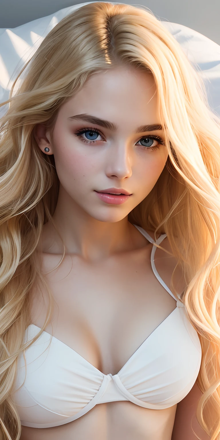 Photo of a 20-year-old European girl, raw, Beautiful woman, (Extra long wavy blonde hair), ((Portrait)), ((Detailed face:1.2)), ((detailed facial features)), (finely detailed skin), pale skin, beach environment, Lying on the bed, (cold color), moist, moist, Reflectors, (masutepiece) (perfectly proportions)(photos realistic)(Best Quality) (Detailed) photographed in a Canon EOS R5, 50mm Lens, F/2.8, nffsw, (8K) (Wallpaper) (Cinematic lighting) (Dramatic Lighting) (foco nítido) (Convoluted) Fashion, From  above