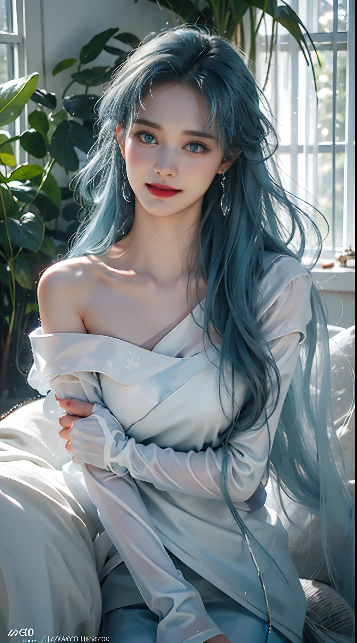 Realistic, full body portrait of a young girl, perfect body, perfect professional pose, 20 years old. Musical blue hair, beautiful realistic light blue eyes; beautiful white teeth, happy smile, attractive, make up the world's most beautiful perfect face overall, hand painted meticulously detailed highest image quality 3d 8k, perfect white skin, beautiful look, multicolor liquid acrylic, wet marble body, Michael Garmash, Daniel F Gerhartz, cinematic lighting, waterfall scene, volumetric lighting, clean and smooth art, smooth pulp adventure , ornate patterns, elegant organic frames, surrealism, masterpiece collections, realistic colors, wet gouache. Highest image quality, most detailed 8k.