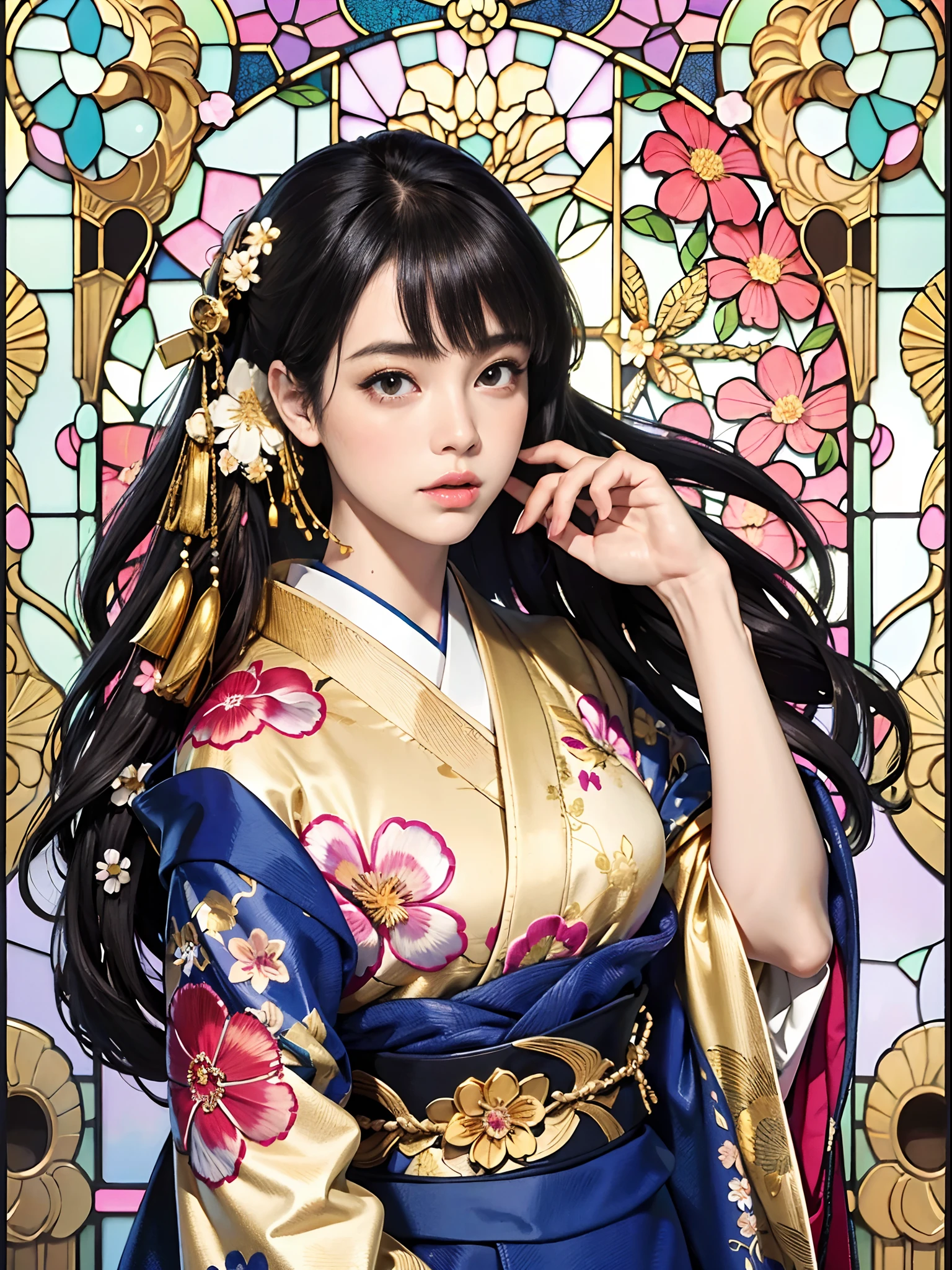 Background of details(chies:1.1(stain glass:1.1)),BREAK,elaborate costume(Luxury kimono(Colorful kimono(detailed embroidery(Gold floral pattern)))),BREAK,1womanl(Beautiful and classy adult woman(Japanese actressl:1.2)(glossy dark hair(poneyTail:1.2))), Blake Wallpaper 16K,Blur the background,(masutepiece:1.5), (Best Quality:1.5),(Portrait photos:1.5),full body Esbian