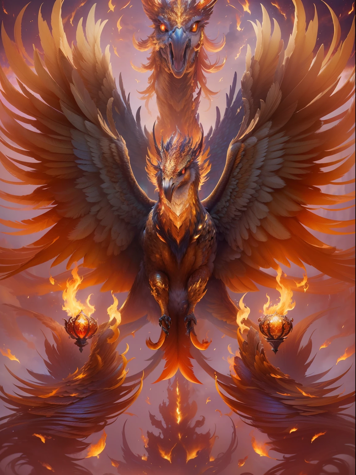 "(Best quality,4K,8K,A high resolution,Masterpiece:1.2),Ultra-detailed,(Realistic,Photorealistic,photo-realistic:1.37),Epic,Legendary,Fantastical,mito,Enchanted,mistic,Ancient,Immortal Phoenix,Glowing embers,Radiant feathers,Huge tail，fiery wings,Palatial presence,A gaze of awe,Extraordinary flight"