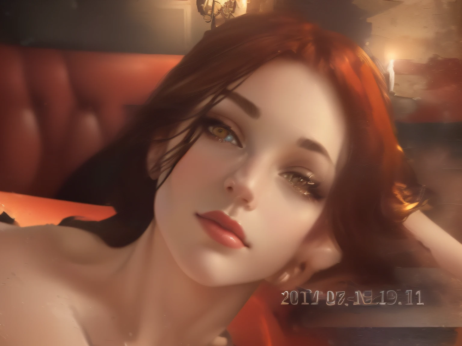 A beautiful woman in a cafe, red light, red furniture, paintings on the walls, dimly lit, lights are on, (best quality, 4k, 8k, highres, masterpiece:1.2), ultra-detailed, (realistic, photorealistic, photo-realistic:1.37), illustrations, warm color tones, cozy atmosphere, soft shadows, elegant decor, golden accents, vibrant hues, captivating expression, glossy surfaces, reflective textures, polished marble, comfortable seating, subtle candlelight, intimate setting, artistic ambiance, refined taste, stylish clothing, glamorous makeup, captivating gaze