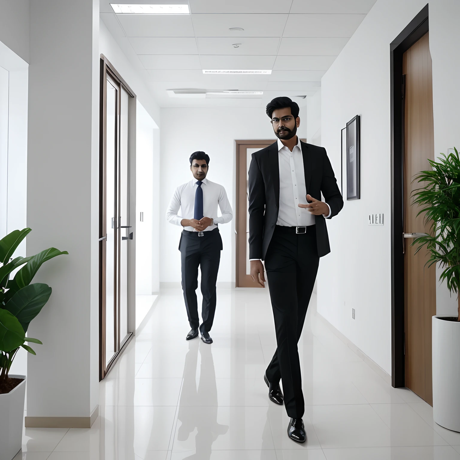 Indian office working men walking right side towards a door with elegant look formal dress code portrait realistic right side of a men solo wearing white shirt with black pant formal fit man solo walking majestically solo walk