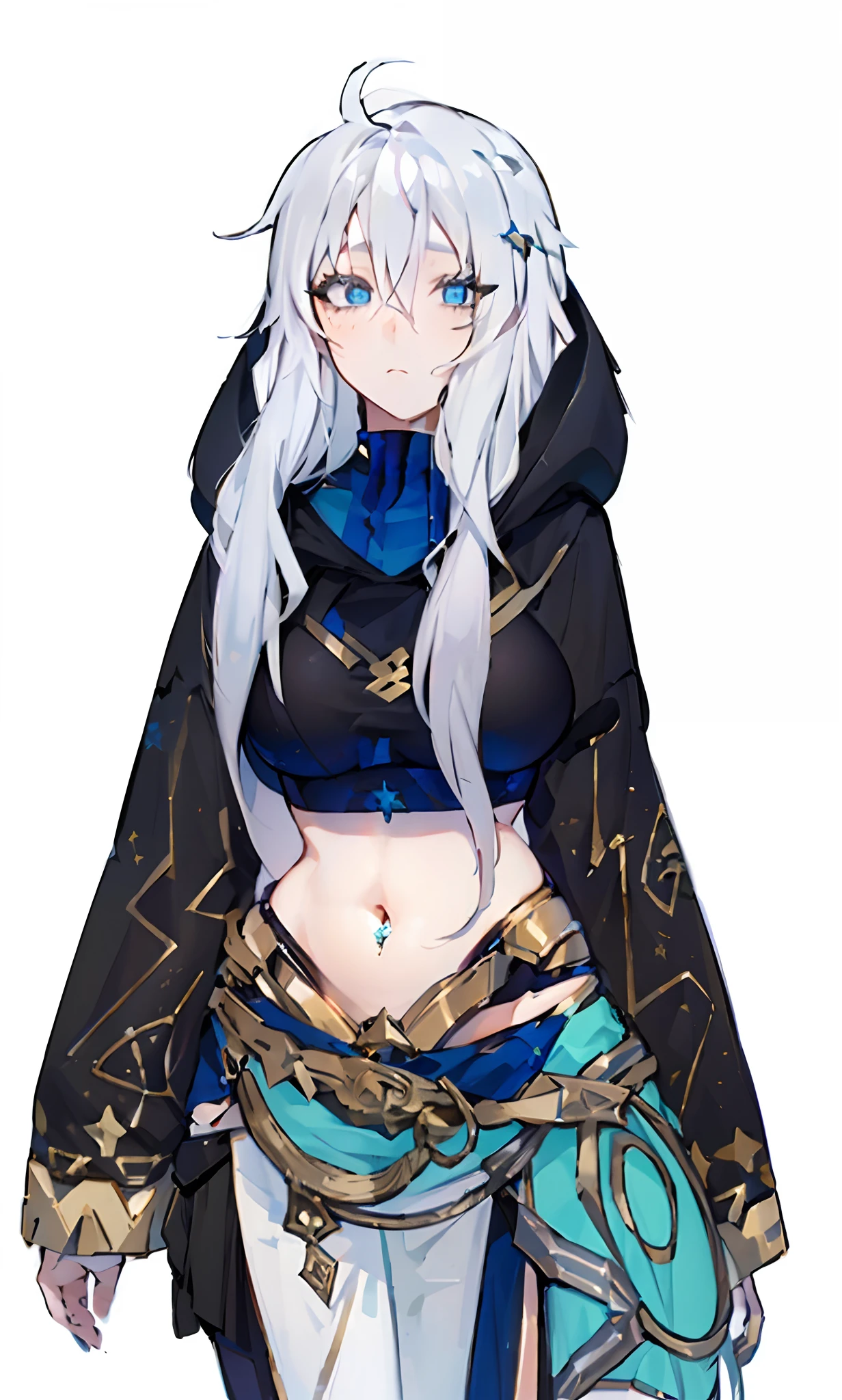 a girl with white disheveled hair, black hoodie with star patterns, belly dancer outfit, cyan eyes, golden accesories and patterns, chakrams