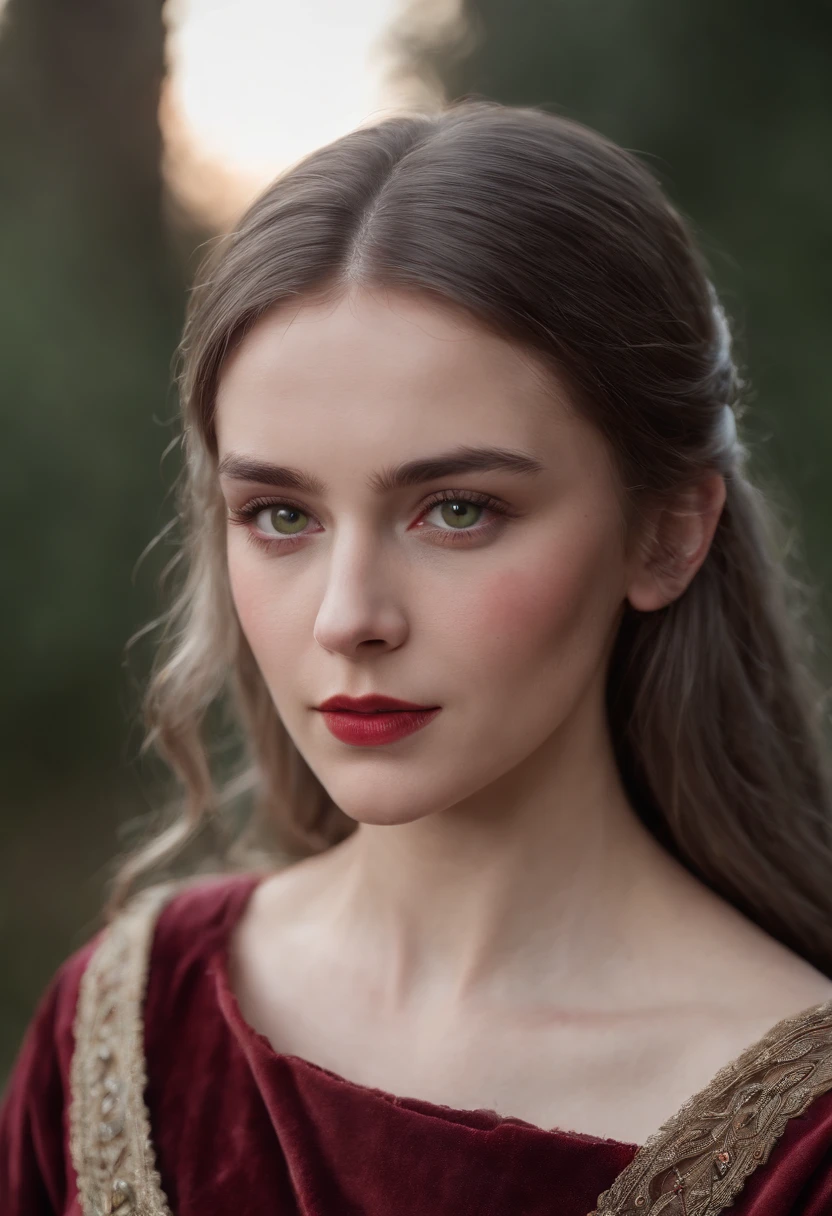 (((A deep red wound streaked across her left cheek))) Fair complexion, A woman around 19 years old, Natural gray hair, Unique green eyes, Wear Cole, Slender and graceful, Beautiful, Candlelight in a medieval setting, super sharp focus, realistic lens, Medieval women's clothing, Four colors (Scar:1.4)