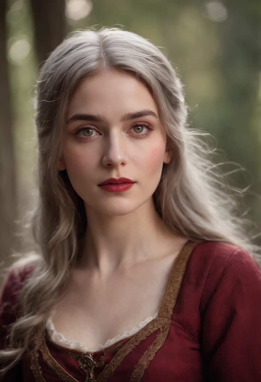 (((A deep red wound streaked across her left cheek))) Fair complexion, A woman around 19 years old, Natural gray hair, Unique green eyes, Wear Cole, Slender and graceful, Beautiful, Candlelight in a medieval setting, super sharp focus, realistic lens, Medieval women's clothing, Four colors (Scar:1.4)