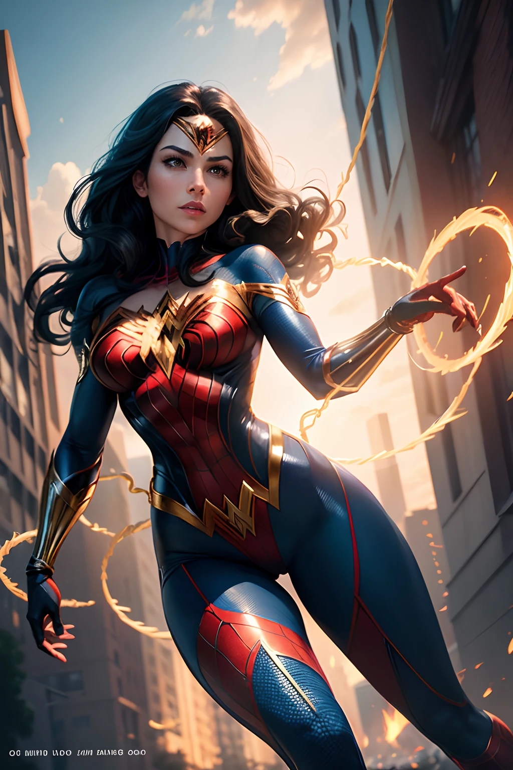 Visualize WonderSpider, merging Wonder Woman's iconic outfit with Spider-Man's agility. Include showing of their powers and the lasso whip