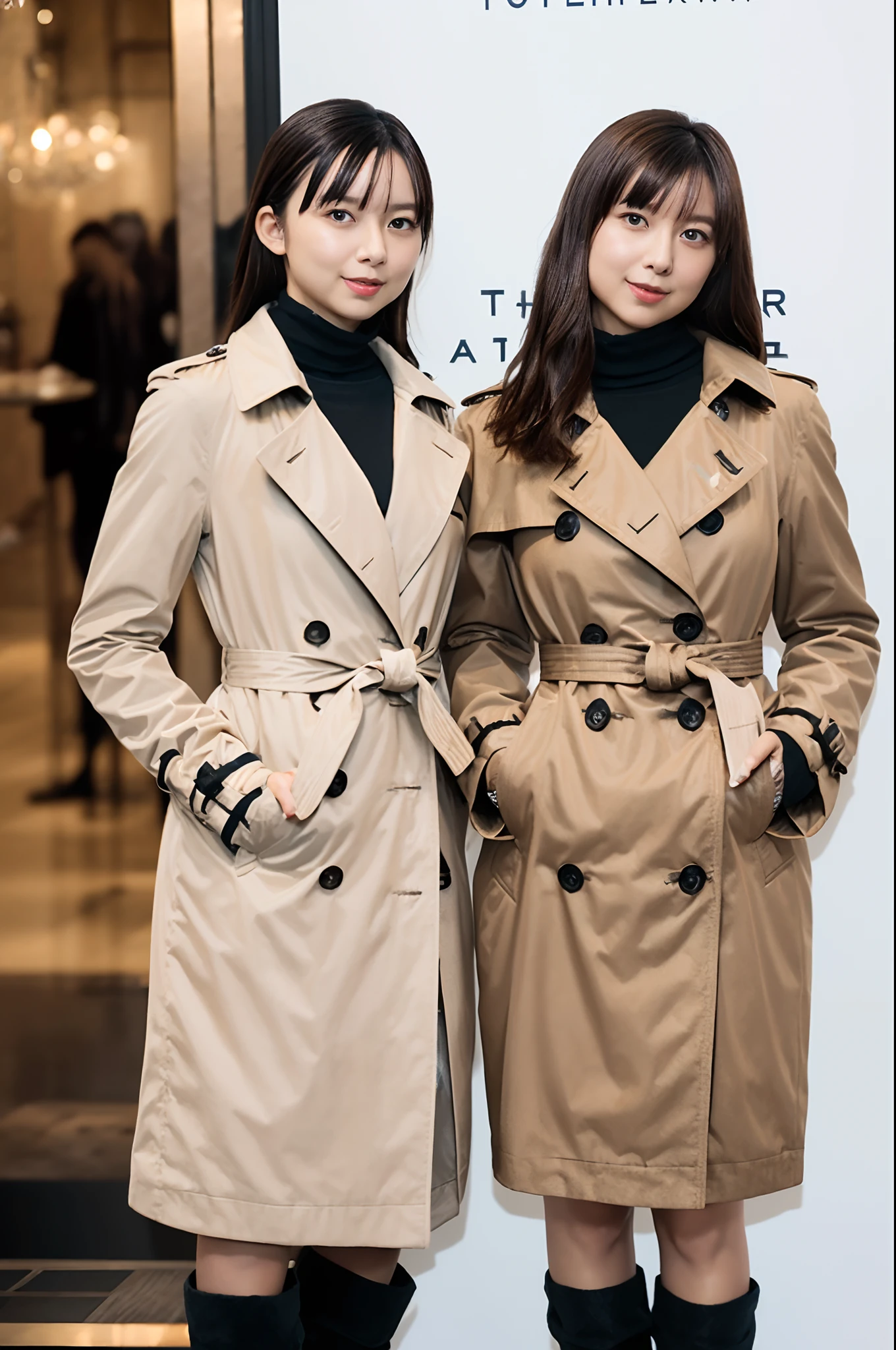 (realisitic、Photorealsitic:1.37)、(masterpiece、top-quality:1.2)、(超A high resolution:1.2)、(Raw photography:1.2)、(foco nítido:1.3)、(Face Focus:1.2)、(Ultra detailed CG unified 8k wallpaper:1.2)、(Beautiful skin:1.2)、(pale-skinned:1.3)、(hyper-sharp focus:1.5)、(Ultra Sharp Focus:1.5)、(Beautiful clean face:1.3)、(Ultra detailed backgrounds、detailedbackground:1.3), bokeh dof、depth of fields、BREAK、 Very cute and beautiful Japan women pictures、(22year old:1.1)、Portrait of a girl with a bright smile、((Full body shot:1.2))、Curvy body type:1.4、thicc thighs:1.4、gargantuan butt、long legged、Wearing thin white short curtains、curvy body、huge-breasted:1:4、Show thighs、((Walk in a light brown trench coat and knee-high boots, Tartan Check Mini Skirt:1.3, Burberry, Burberry Check Scarf:1.3, Fall Winter 2023-2024))