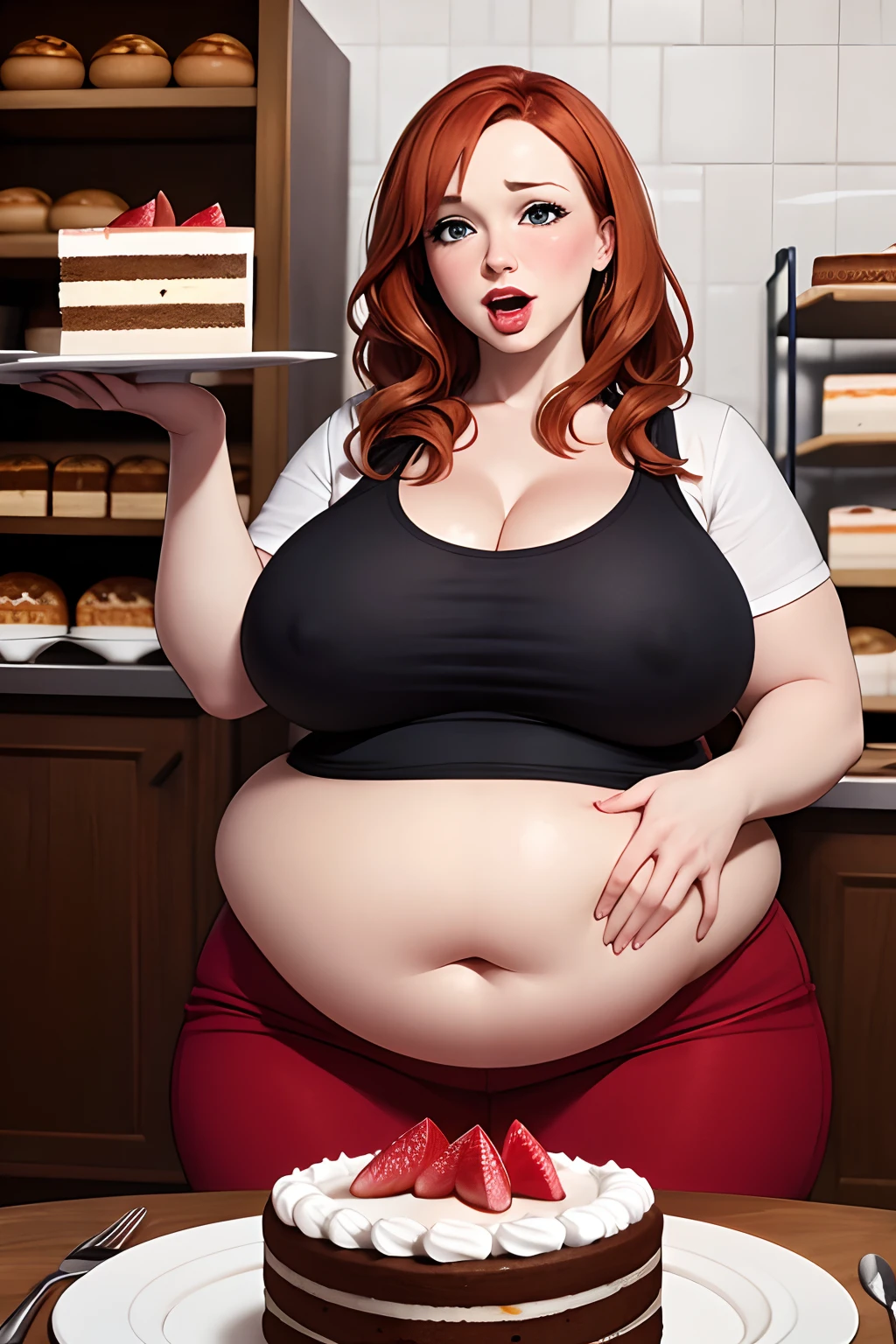 Christina Hendricks, long hair, red lipstick, fat face, big boobs, obese, bbw, ssbbw, ussbbw,very fat, fat, fatty, stuffed belly, rubbing belly, eating cake, cake on plate, lots of cake, sitting at table, in bakery, lots of cake in background, burping, belching, panting, blushing, aroused,