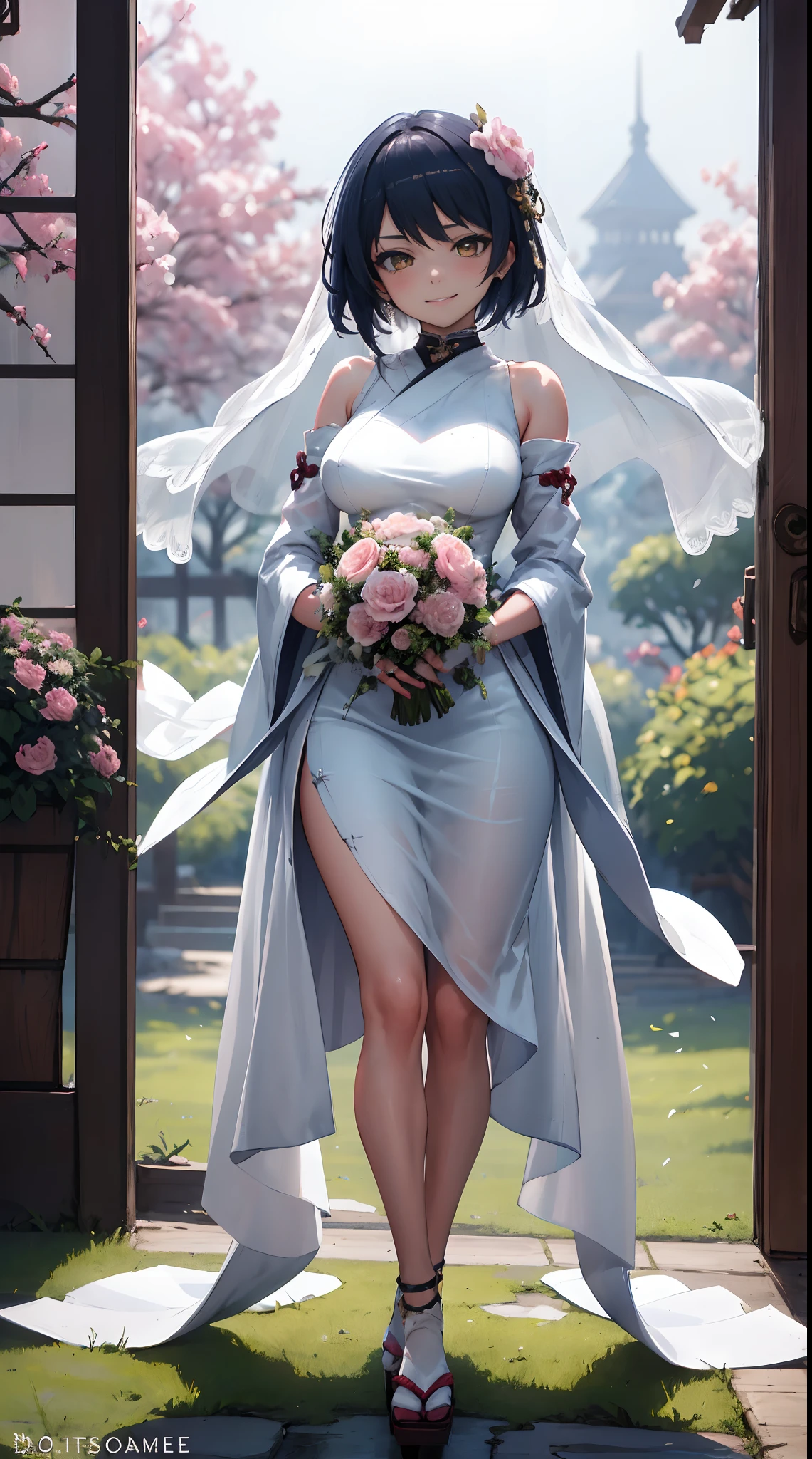 Kujou Sara | genshin impact, master-piece, bestquality, 1girls,25 years old, proportional body, proportional., Wedding Dresses, White Wedding Dress, Long skirt, wedding, ,bara, Standing in the middle of a flower garden, outdoor, wedding, The sky is beautiful, In a paradise of love and happiness........................................, The bride wears a Japanese dress and a seductive smile........................................, The passage of time stops at theirs........................................, On this wedding day of love and happiness........................................, Bright and beautiful flowers, Holding it in her hands symbolizes the envelopment of love........................................, Love and friendship through the transmission of flowers, In a paradise of love and happiness........................................, A bride in a yukata wearing a masika........................................, It is a form of beauty and elegance........................................, Show your spouse your heart......................................., In a paradise of love and happiness........................................, Kochikugisa is the tree of new beginnings........................................, And their love and affection....................................., And suck a lot of love........................................, Flowers represent love and peace........................................, In a paradise of love and happiness........................................, View viewers from the front., Thigh strap, Head tilt, bored, 10, 10, HD, slight smile,