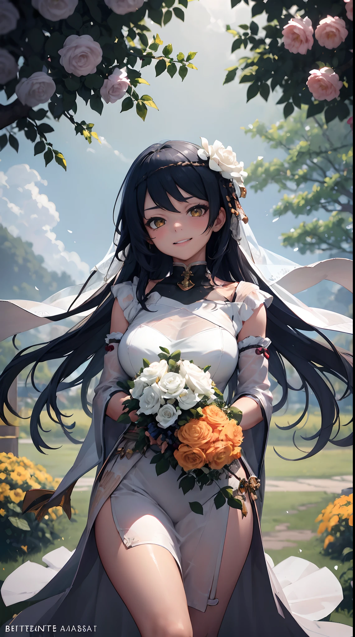 Kujou Sara | genshin impact, master-piece, bestquality, 1girls,25 years old, proportional body, proportional., Wedding Dresses, White Wedding Dress, Long skirt, wedding, ,bara, Standing in the middle of a flower garden, outdoor, wedding, The sky is beautiful, In a paradise of love and happiness........................................, The bride wears a Japanese dress and a seductive smile........................................, The passage of time stops at theirs........................................, On this wedding day of love and happiness........................................, Bright and beautiful flowers, Holding it in her hands symbolizes the envelopment of love........................................, Love and friendship through the transmission of flowers, In a paradise of love and happiness........................................, A bride in a yukata wearing a masika........................................, It is a form of beauty and elegance........................................, Show your spouse your heart......................................., In a paradise of love and happiness........................................, Kochikugisa is the tree of new beginnings........................................, And their love and affection....................................., And suck a lot of love........................................, Flowers represent love and peace........................................, In a paradise of love and happiness........................................, View viewers from the front., Thigh strap, Head tilt, bored, 10, 10, HD, slight smile,