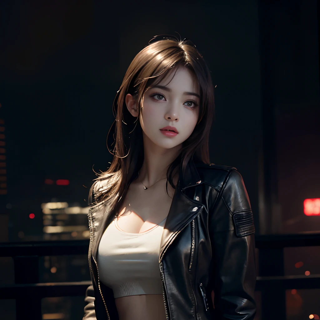 Hyper realistic, Lifelike texture, Dramatic Lighting, (Best Quality:1.1), depth of fields, during night, in a futuristic cyberpunk city, nffsw, Shallow depth of field, Broad light, High contrast, Backlighting, bloom, light glow, chromatic abberation, Sharp Focus, Futuristic clothes, Leather jacket, beauty512, Ying-chu,tifa lockhart、NSFW,