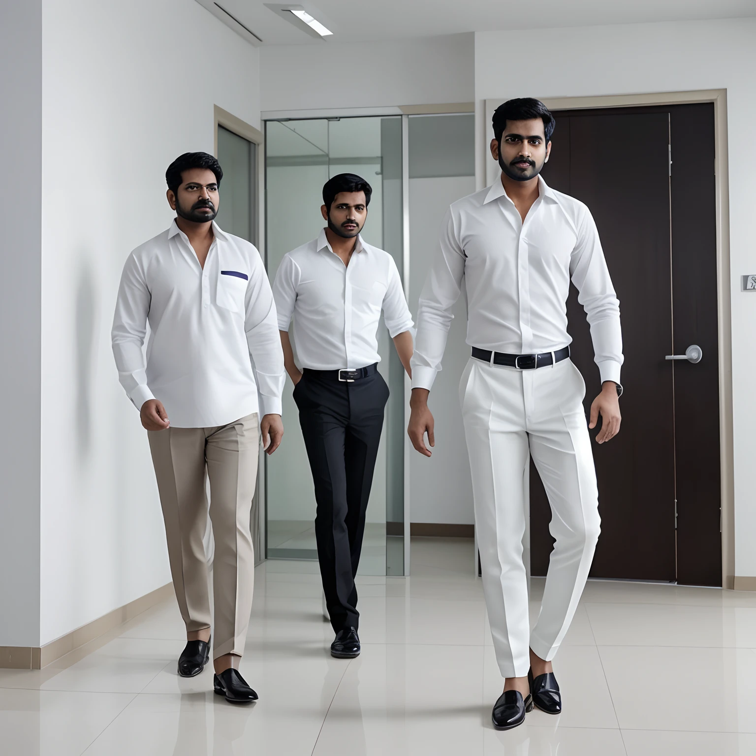 Indian office working men walking right side towards a door with elegant look formal dress code portrait realistic right side of a men solo wearing white shirt with black pant formal fit man solo walking majestically solo walk