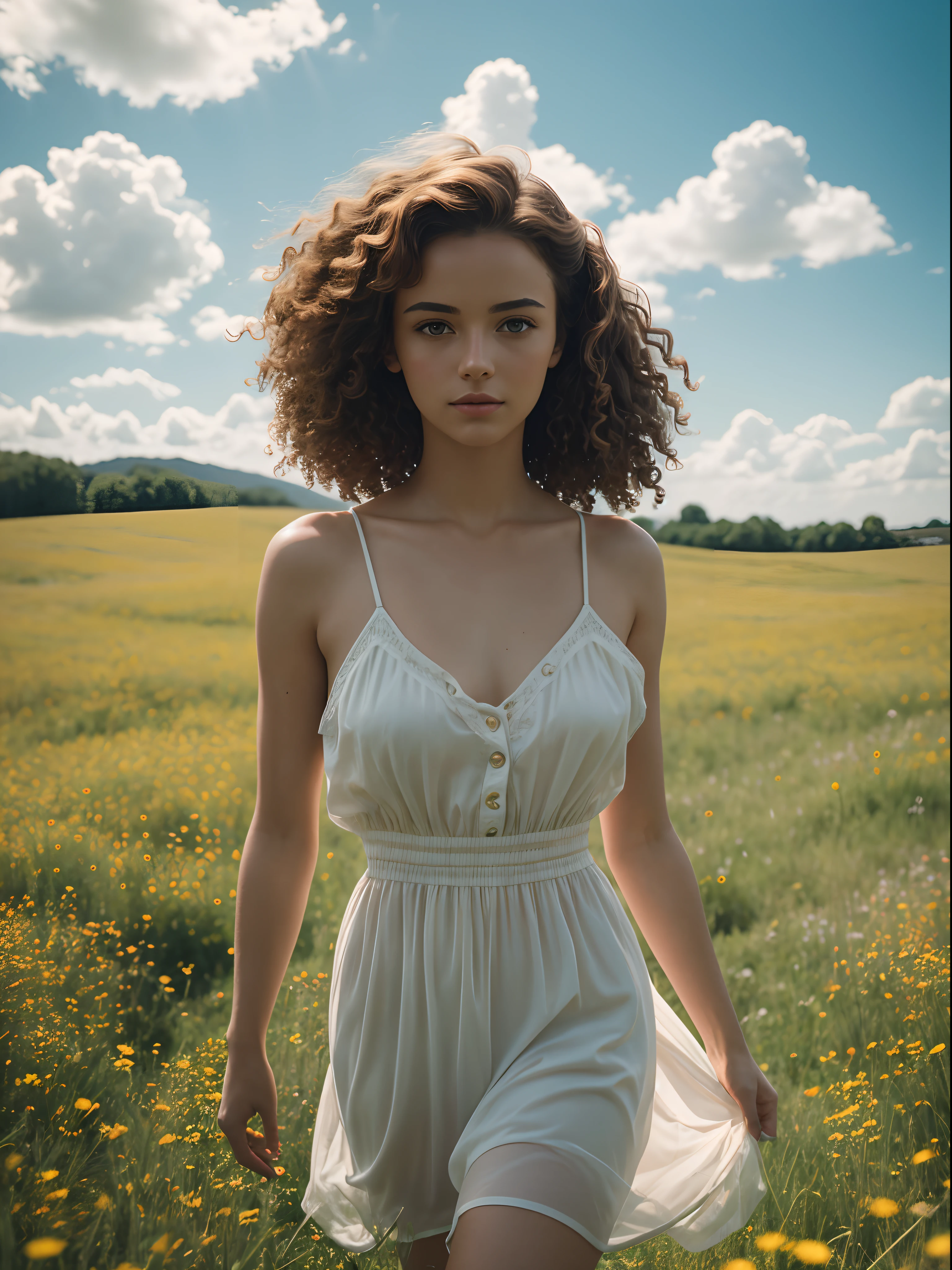 (Masterpiece), Photorealistic, RAW photo, Cinematic, Depth of field, Film grain, Highly detailed, beautiful girl walking with a bag on a grassy field, surrounded by a vast expanse of greenery and wildflowers,, with short curly copper hair, Kodak Portra 400, Cute sexy, nudist, small breasts, seductive gaze, pale skin, perfect anatomy, adult body, bokeh, skyscape with clouds, vintage aesthetic, Centered image, natural pose, 8K resolution