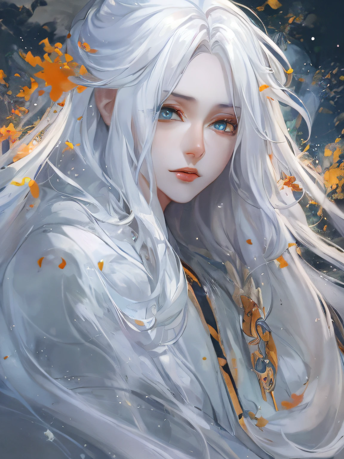 A pixiv competition winner, fantasy art, white-haired god, beautiful character painting, guvez style artwork, dazzling gaze of Yuki Onna, guweiz, long white hair, flowing hair and robes, cute big eyes, illustrations, fine lines, deep color