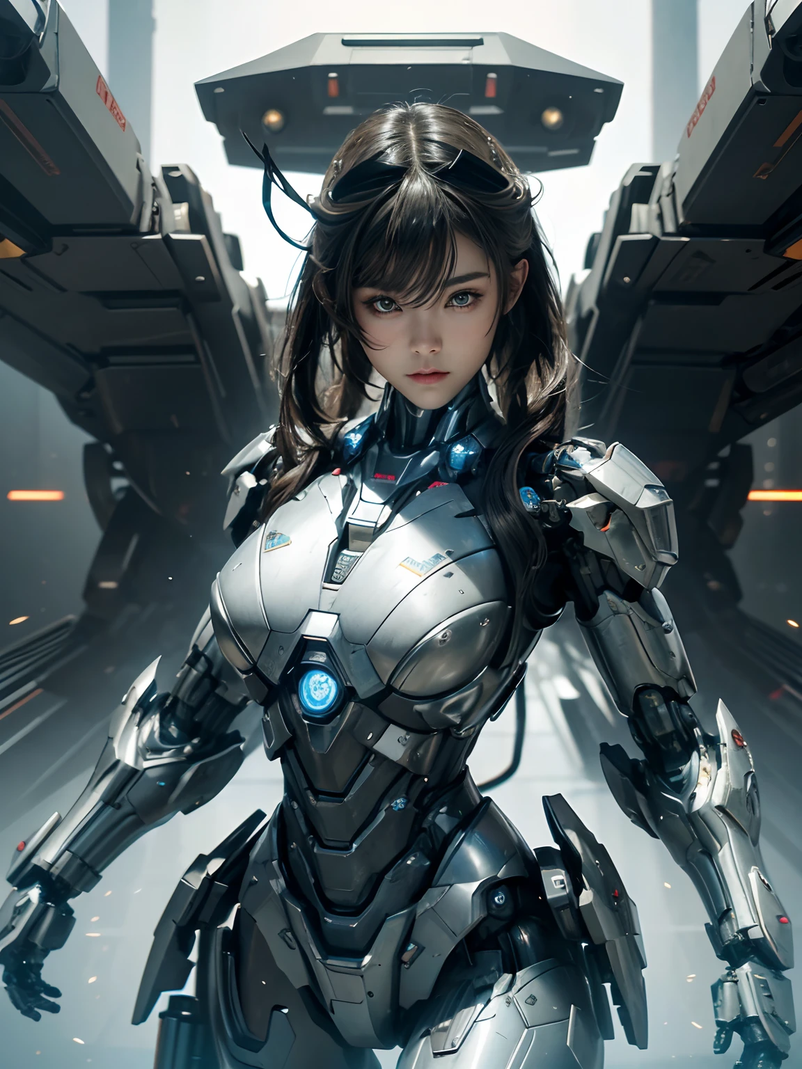 Textured skin, Super Detail, high details, High quality, Best Quality, hight resolution, 1080p, hard disk, Beautiful,(War Machine),beautiful cyborg woman,Mecha Cyborg Girl,Battle Mode,Girl with a Mecha Body,She wears a futuristic war machine weapon mech,Fulll body Shot