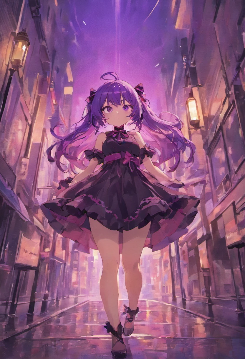 Purple hair、Purple hair、Tsundere、thighs thighs thighs thighs、Anime girl with black ribbon in black dress standing on night street with long purple hair, anime style 4 k, anime moe art style, nightcore, Anime style. 8K, Dressed in a nice dress, anime art wallpaper 4k, anime art wallpaper 4k, best anime 4k konachan wallpaper, 4k anime wallpaper, Anime art wallpaper 8k