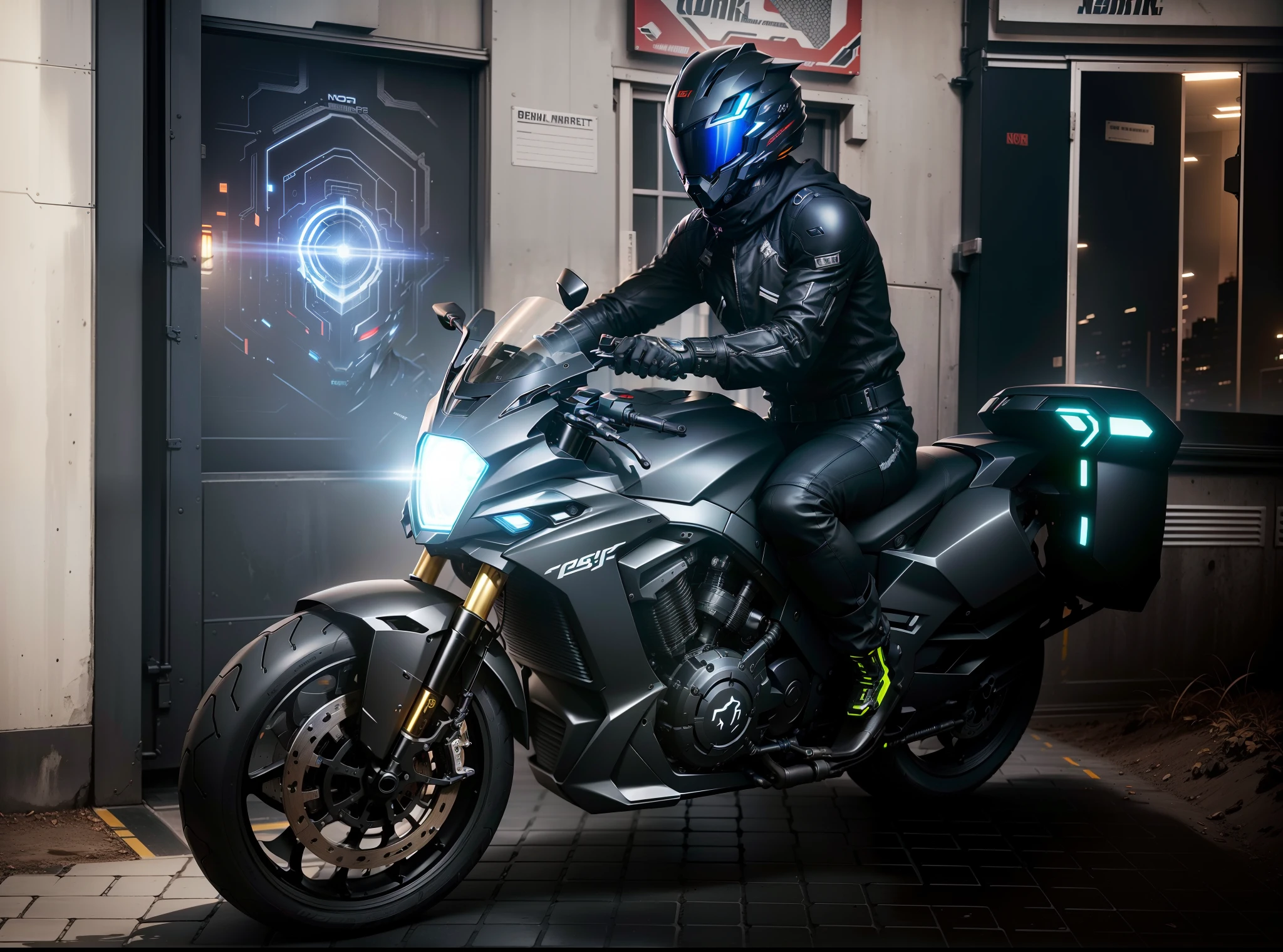 Black Cyber mechanical motorcycle,High-tech black full enveloping helmet,Nousr, Biomechanicals,High-tech helmet,hyper realisitc, Steel, Complex design, insanely details, finely detailled, Extremely clear lines, cinmatic lighting, photograph realistic, A detailed masterpiece