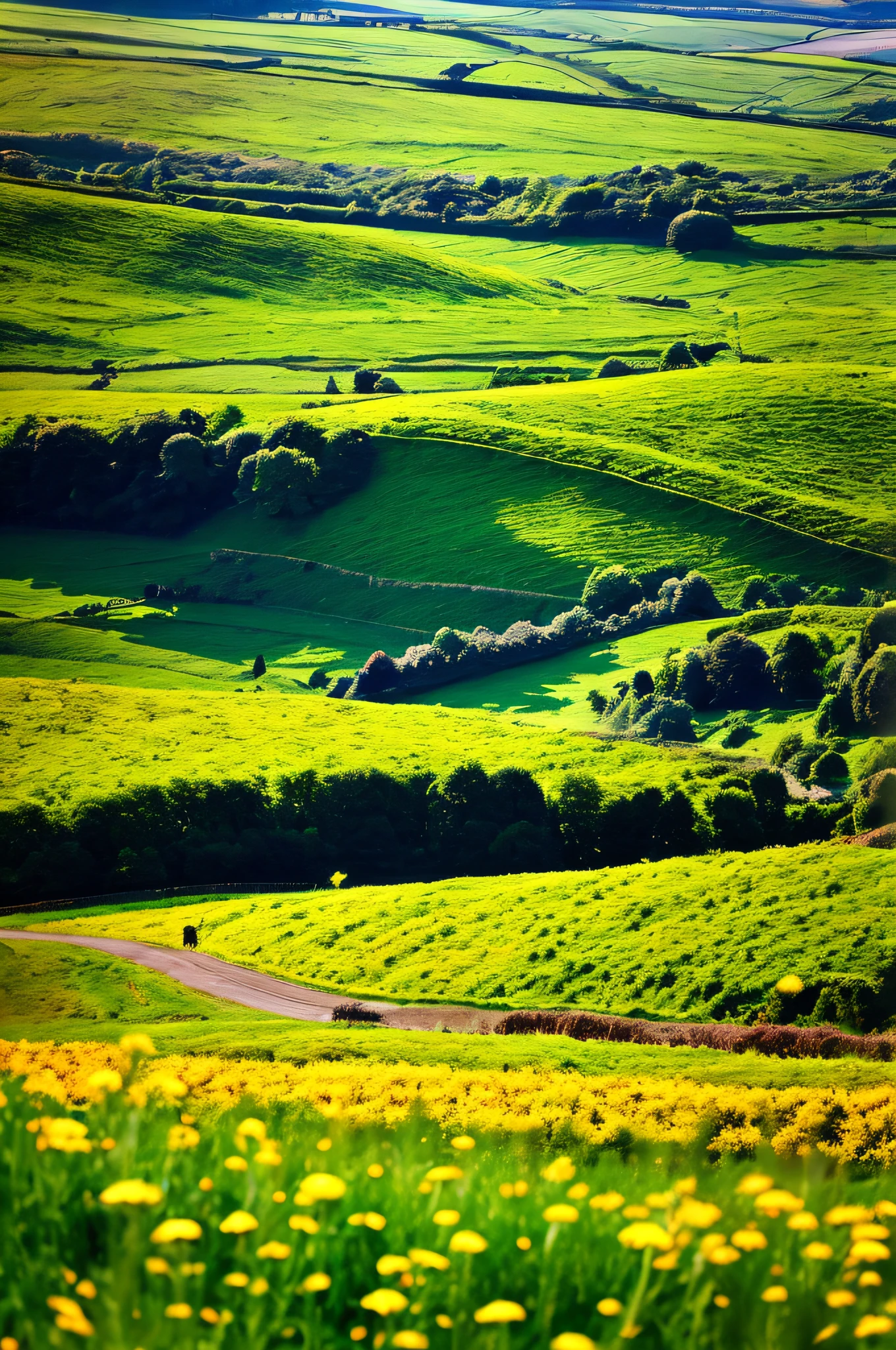 The view of the green area,blues sky and clouds, rolling green hills, Green fields, A small dirt road in the countryside,Colorful hot air balloons,high quality desktop wallpaper, verdant green fields, detailed fields nature, beautiful english countryside, Stunning landscape, Rolling hills, Landscape wallpaper, lush countryside, patches of green fields, breathtaking landscape, green fields in the background, High quality wallpaper, Beautiful wallpaper
