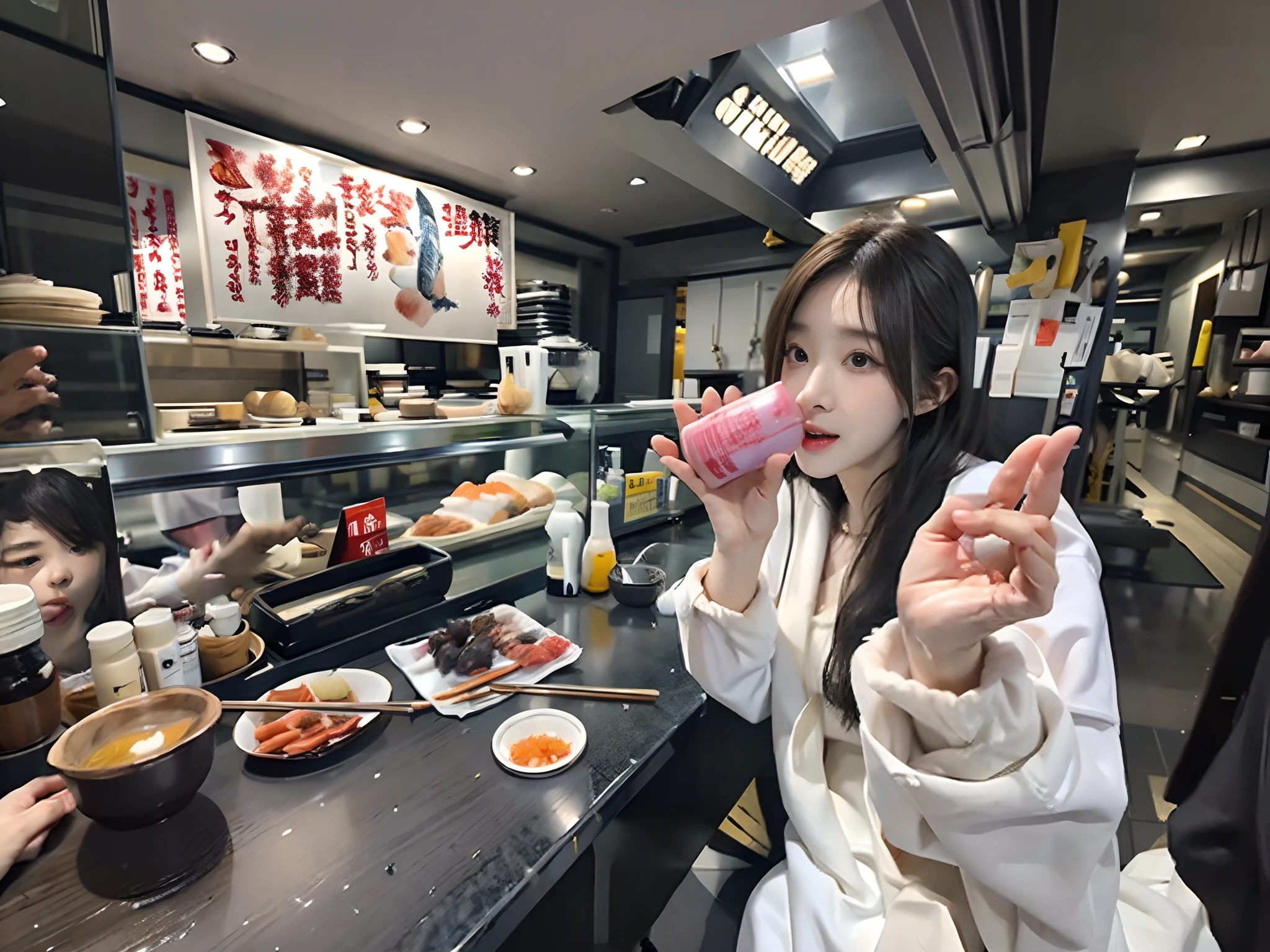 Woman in white robe holding up a glass of water in front of counter, けもの, eating sushi, photograph taken in 2 0 2 0, shikamimi, restaurant!!, chiho, 🦩🪐🐞👩🏻🦳, omina tachibana, harumi, taken in 2022