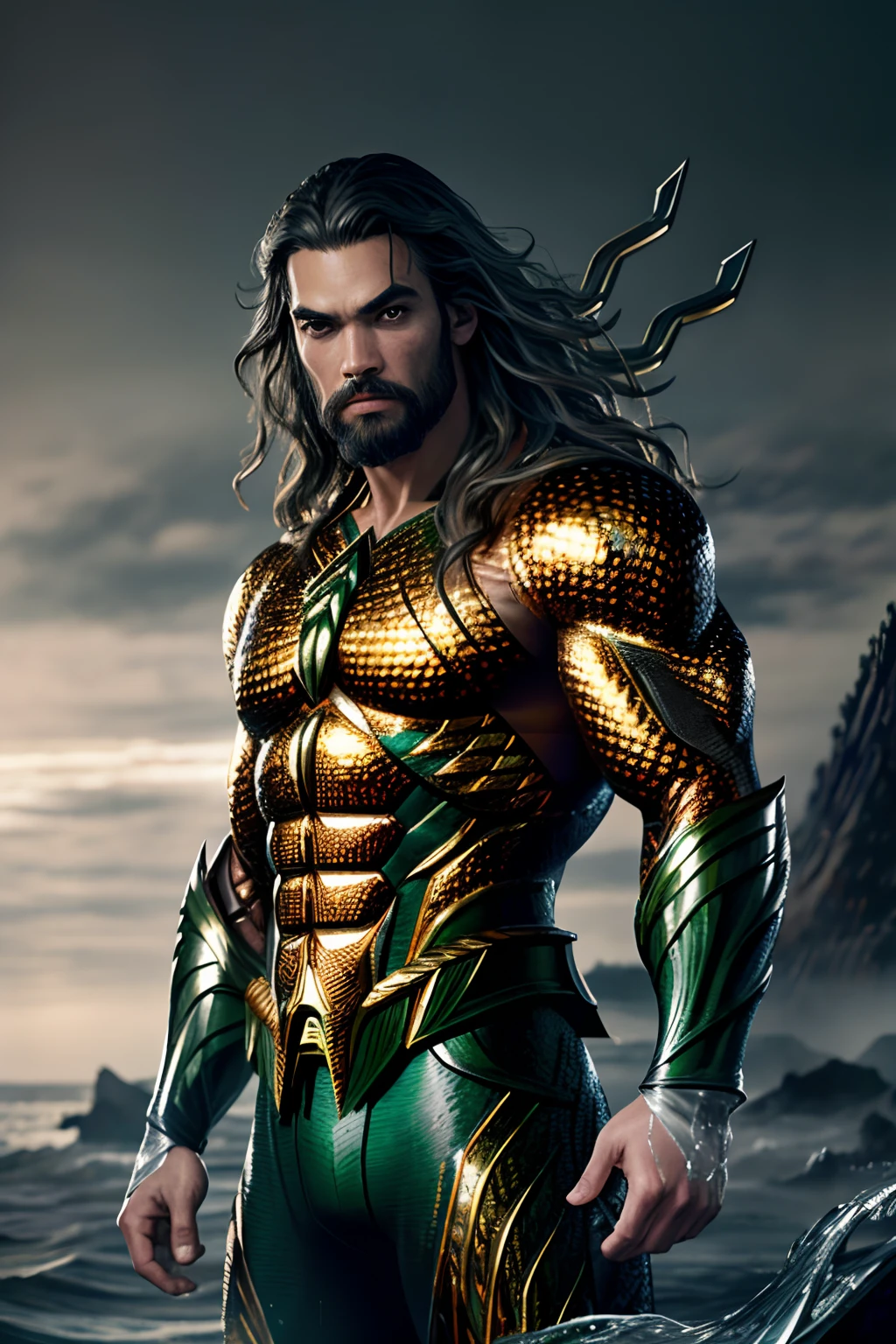 (11, RAW photo, bestquality, masterpiece: 1.2), ultra-detail, Formal art, photorealistic portrait: 1.37, Full body photos, man ((japan)) ,( Aquaman DC Beauty Superhero, grain of film, action pose,Clear eye details