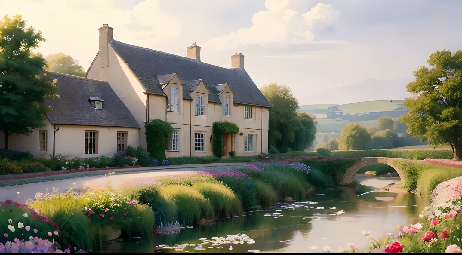 (Watercolor in Sargent style)、(top-quality、​masterpiece)、Soft light、View of the Cotswolds,Stone House、Flowers blooming on the walls of the house、Nearby creeks、flower  field、Morning haze、