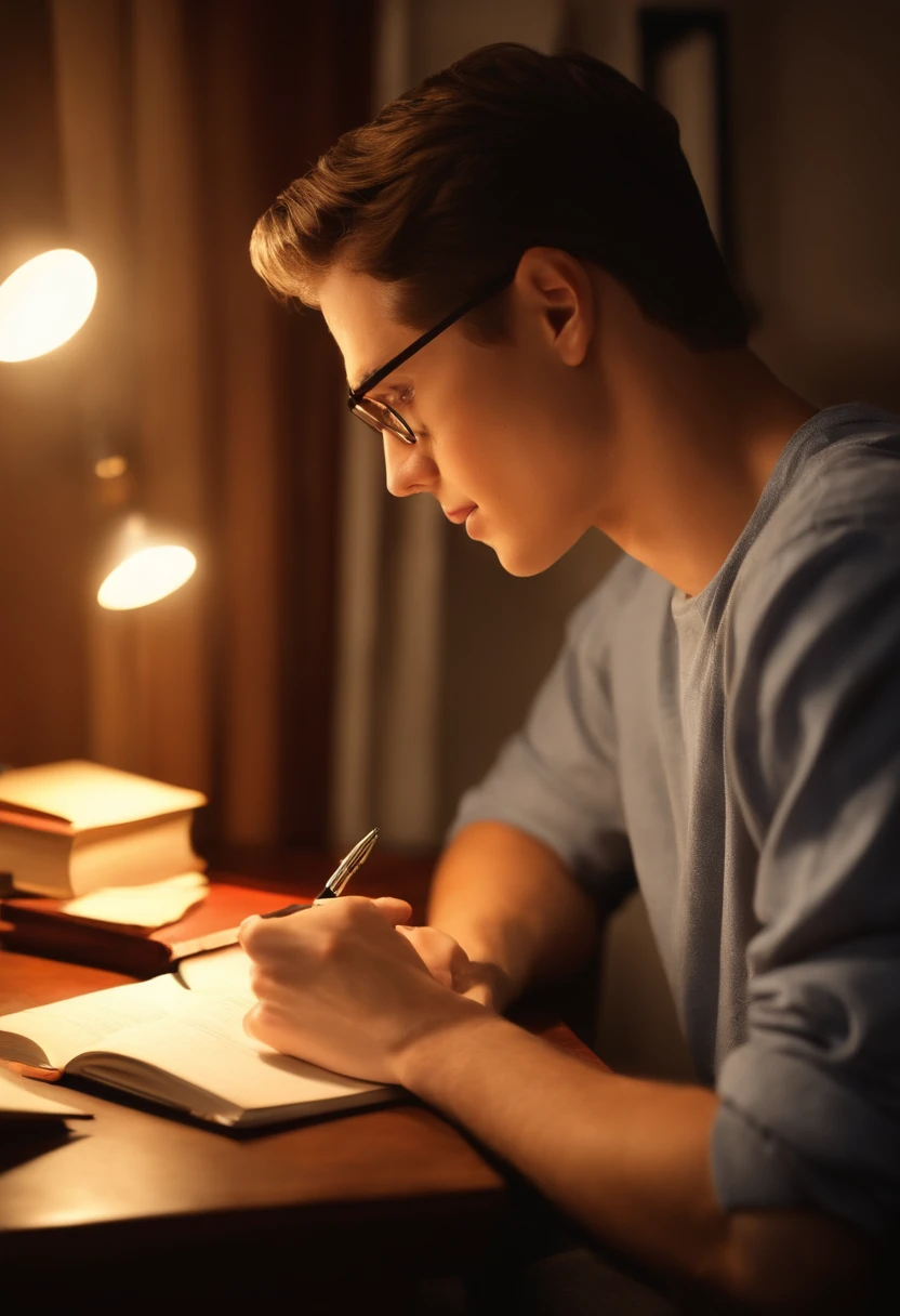 boy writing in a notebook with a pen in his hand, study, studying, trying to study, elegant study, studious chiaroscuro, studyng in bedroom, student, 6 : 3 0 am, college, late night, studies, studying in a brightly lit room,  master study, warmly lit posh study, studious, easy, intense look, background in library