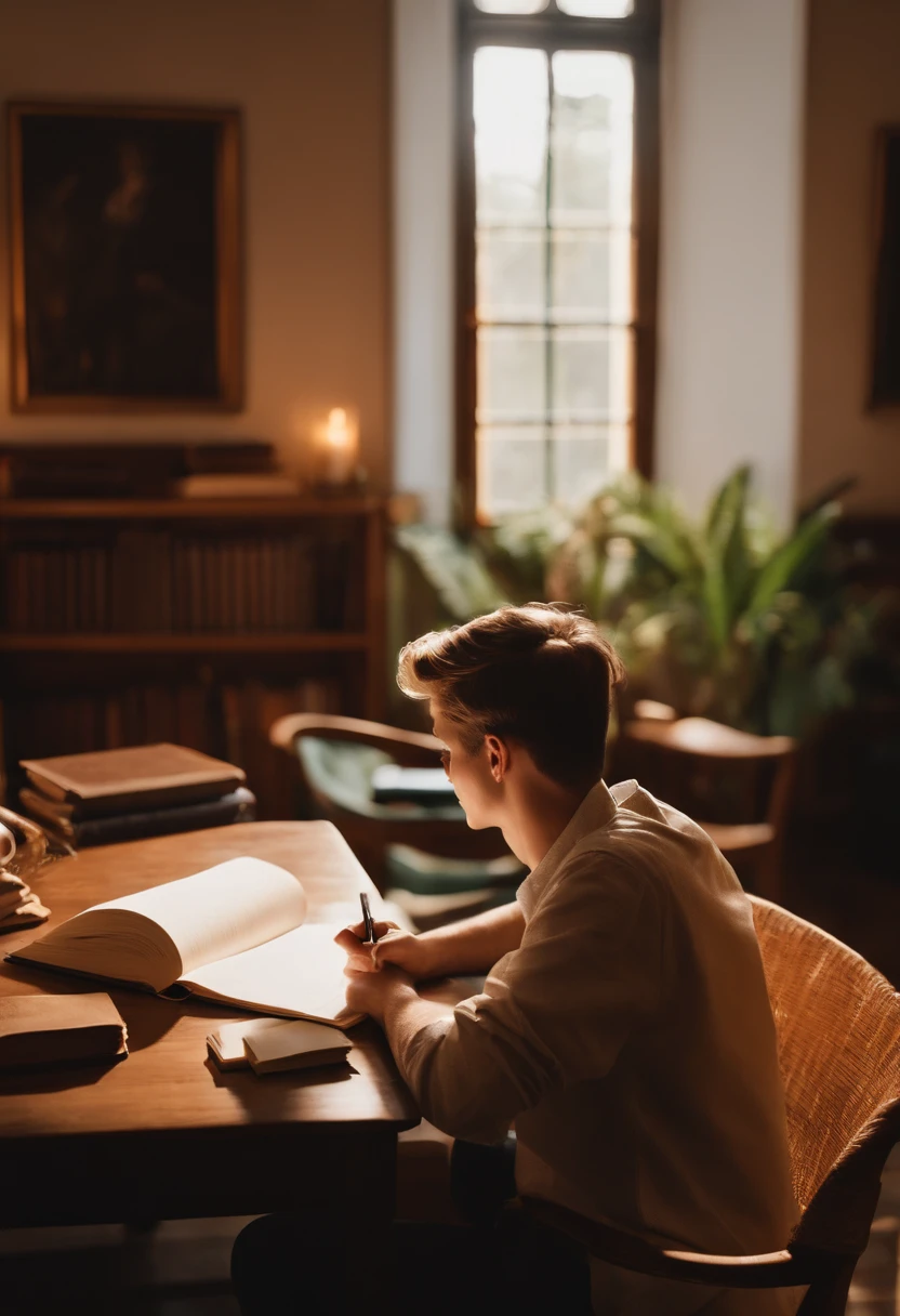 boy writing in a notebook with a pen in his hand, study, studying, trying to study, elegant study, studious chiaroscuro, studyng in bedroom, student, 6 : 3 0 am, college, late night, studies, studying in a brightly lit room, master study, warmly lit posh study, studious, easy, intense look, background in library