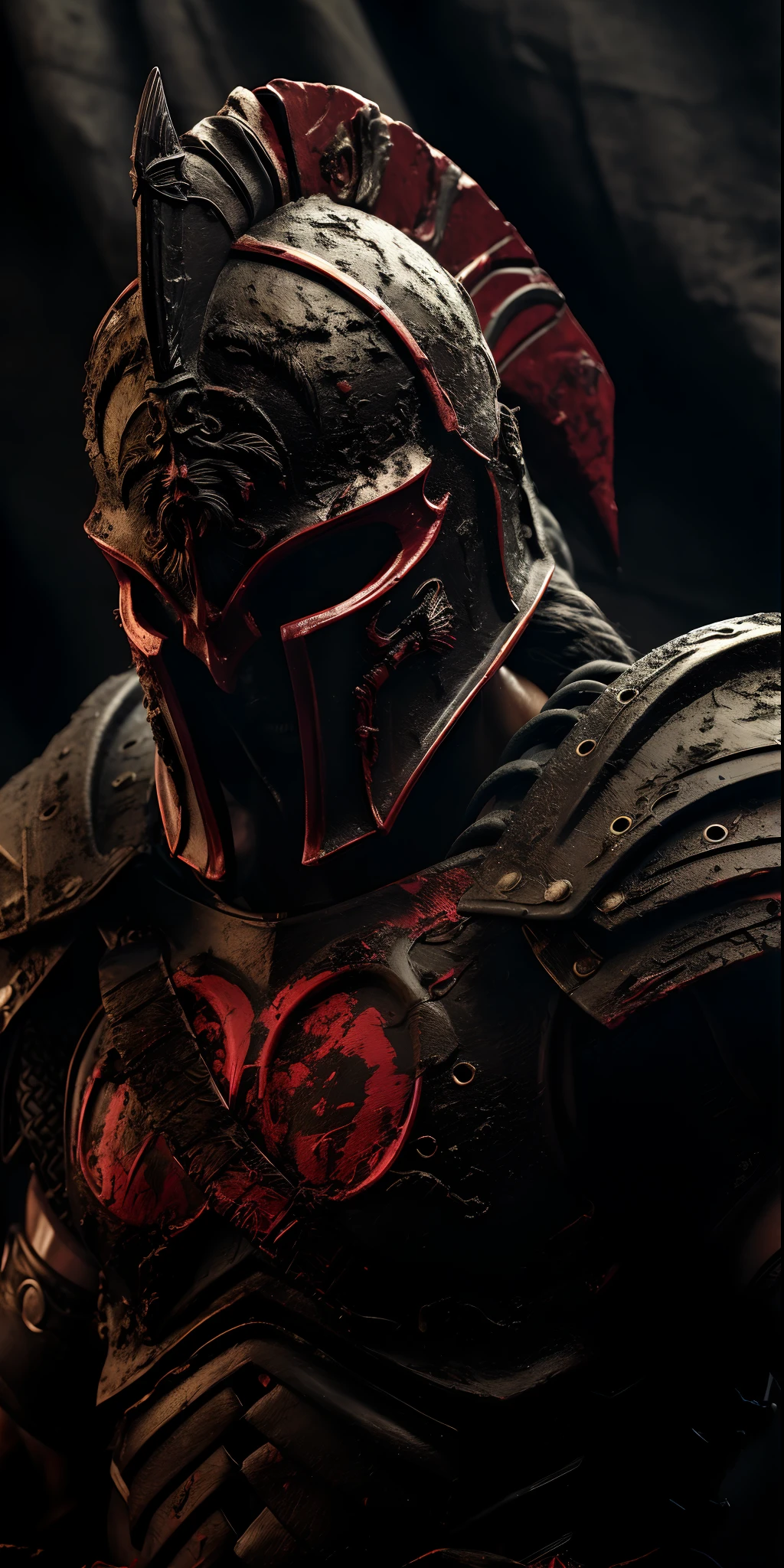 Un primer plano de un casco y una armadura en una persona, Ares con armadura pesada y espada, Armadura negra y roja, Armadura de color negro y rojizo, Vestido con armadura espartana, Armadura reflejada negra y roja, Photogenic details in the armor, Pintura de cara de guerrero rojo, Caballero de sangre, Armadura espartana, Armadura de gladiador, Guerrero espartano, Luz que sale de la armadura