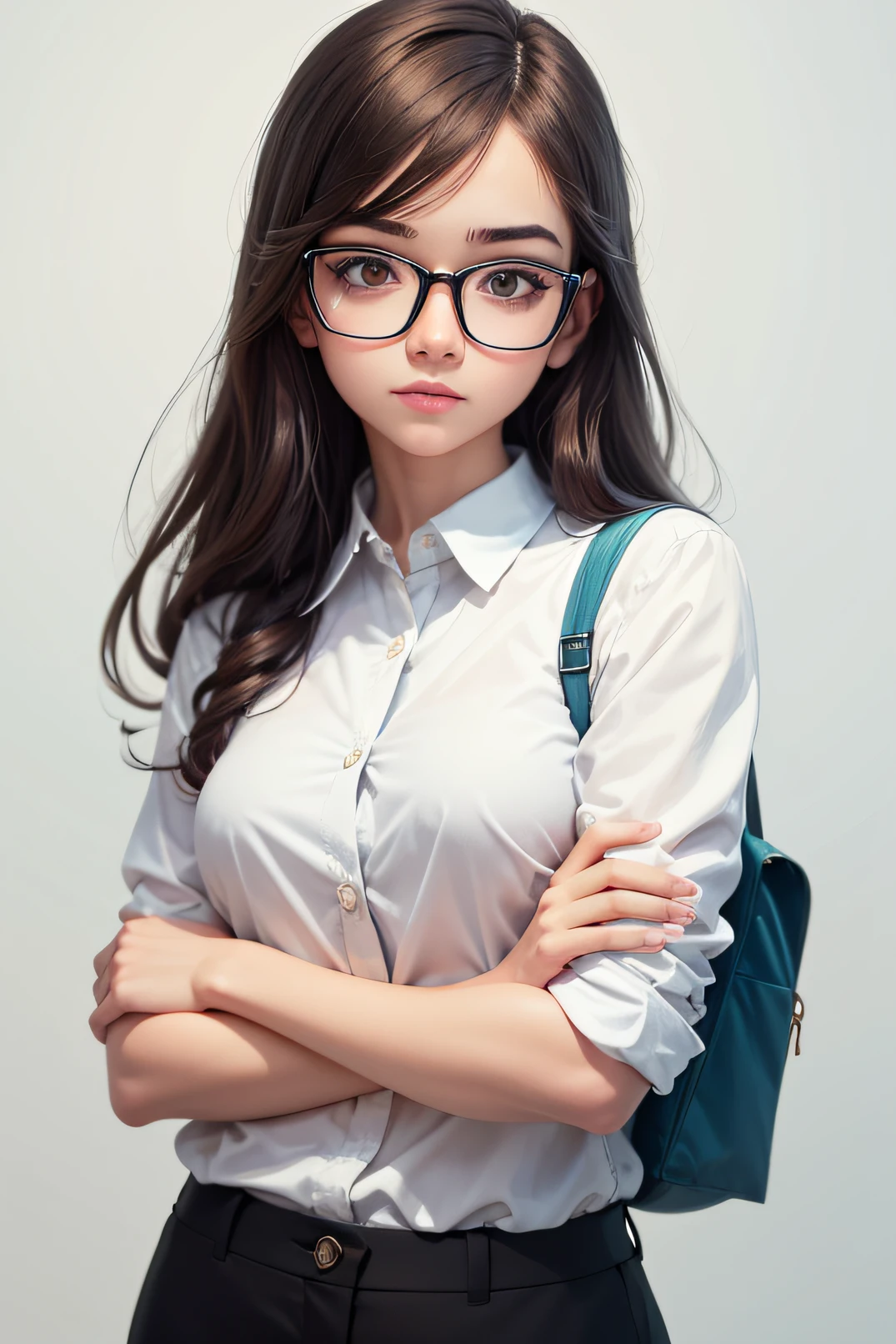 Animated style girl with white background and glasses leaning on the right side of the picture, fresh and smart clothes dignified