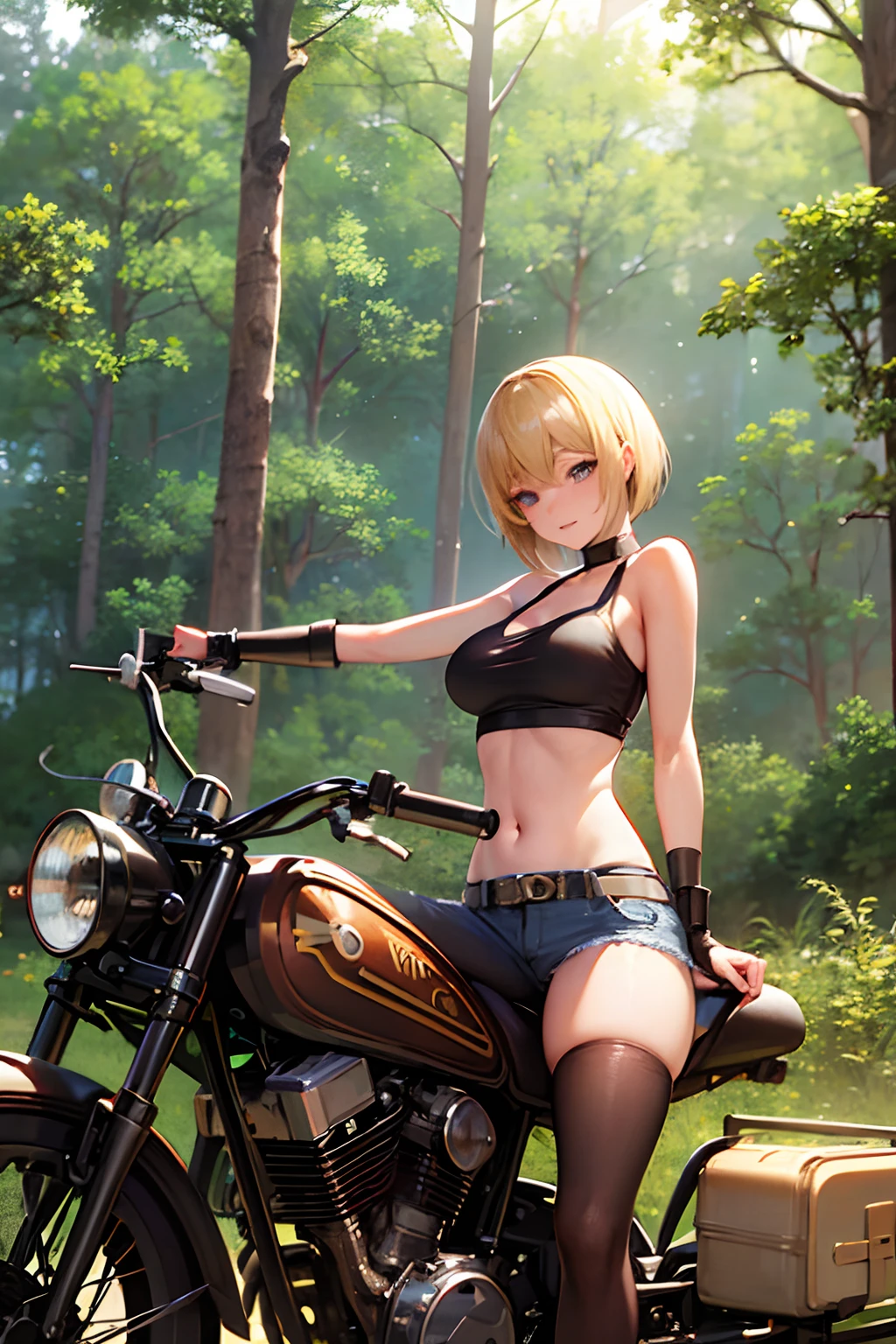 NSFW, women pale blonde hair with sunglass, short hair, black jacket naked, offshoulder ,motorcycle, desert, smiling face, wlop,