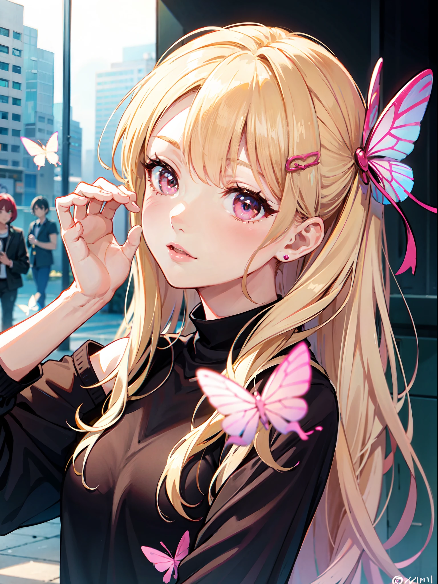 Blonde girl with pink butterfly hair clips stands for a photo shoot, Gentle face, sakimi chan, sakimichan, Rawan Latif Photobar, Pokeman, with cute - fine - facial, Qihu, tzuyu from twice, lalisa manobal, Rozan Park of Blackpink, shikamimi, Header profile picture, sakura kinomoto
