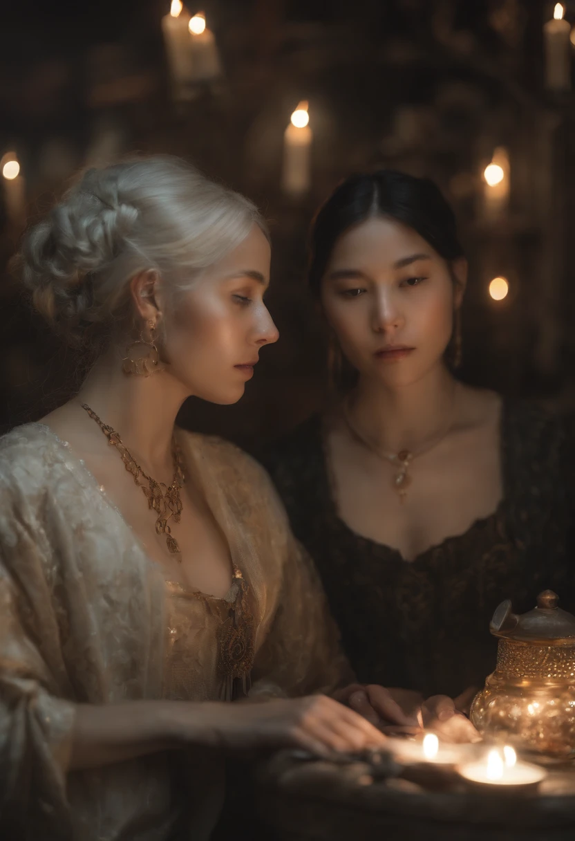 Blend into the background, They are two women in a room with a clock and a lamp., WLOP et Ross Tran, WLOP et Andrei Riabovitchev, Ross Tran et Bayard Wu, Edgar Maxence et Ross Tran, WLOP et Sakimichan, Ross Tran et WLOP, Loish et Ross Tran, WLOP et Ross Thran, WLOP et RossdrawsDraws.