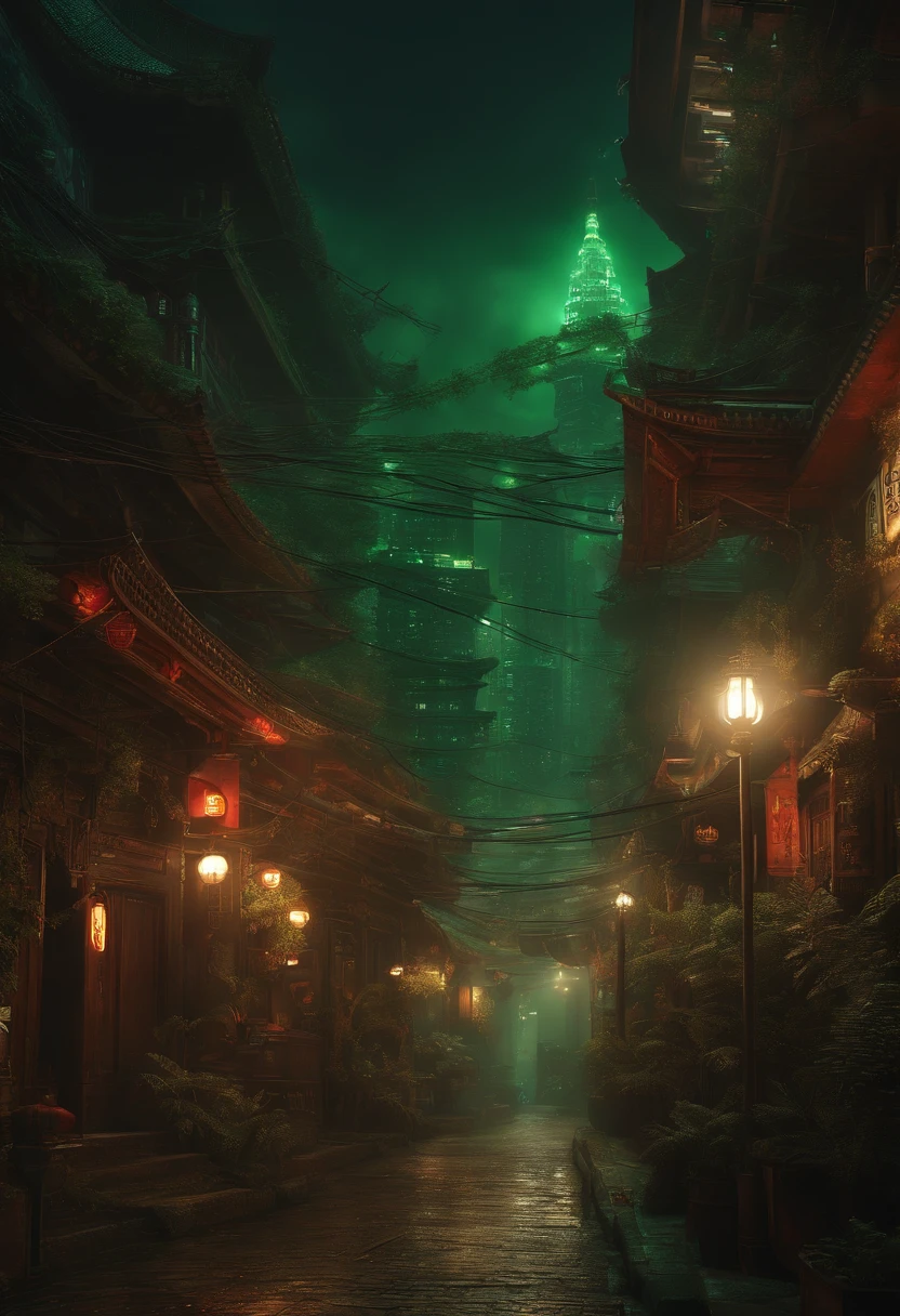 Cyberpunk city from sci-fi movie, night, shrouded in green smoke, bridge, old shop, Strange Tales from a Chinese Studio, red lanterns, ghosts roaming the streets, irregular, circuit boards, wires, intricate, super detailed, realistic, hyper Realistic, High Quality, Best, Super Detail, Crazy Detail, Very Detailed, Photorealistic, Epic Composition, Best Quality, 32k --v 6
