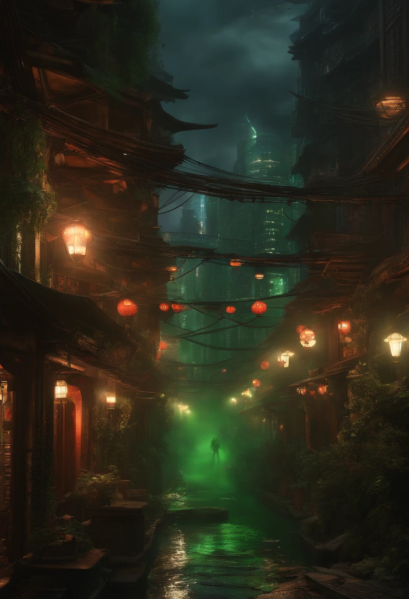 Cyberpunk city from sci-fi movie, night, shrouded in green smoke, bridge, old shop, Strange Tales from a Chinese Studio, red lanterns, ghosts roaming the streets, irregular, circuit boards, wires, intricate, super detailed, realistic, hyper Realistic, High Quality, Best, Super Detail, Crazy Detail, Very Detailed, Photorealistic, Epic Composition, Best Quality, 32k --v 6