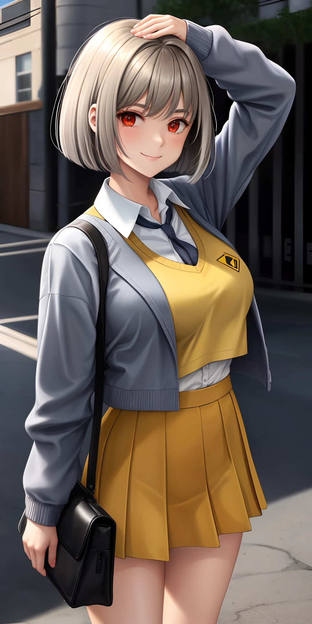 {{1girl, solo}}, {{loli}}, grey hair, light brown hair, medium hair, {hair pin}, swept bangs, sidelocks, bob cut, red eyes, shiny eyes, {{{tareme}}}, closed mouth, small breast, school uniform, {{yellow vest}}, grey skirt, standing, light smiling,