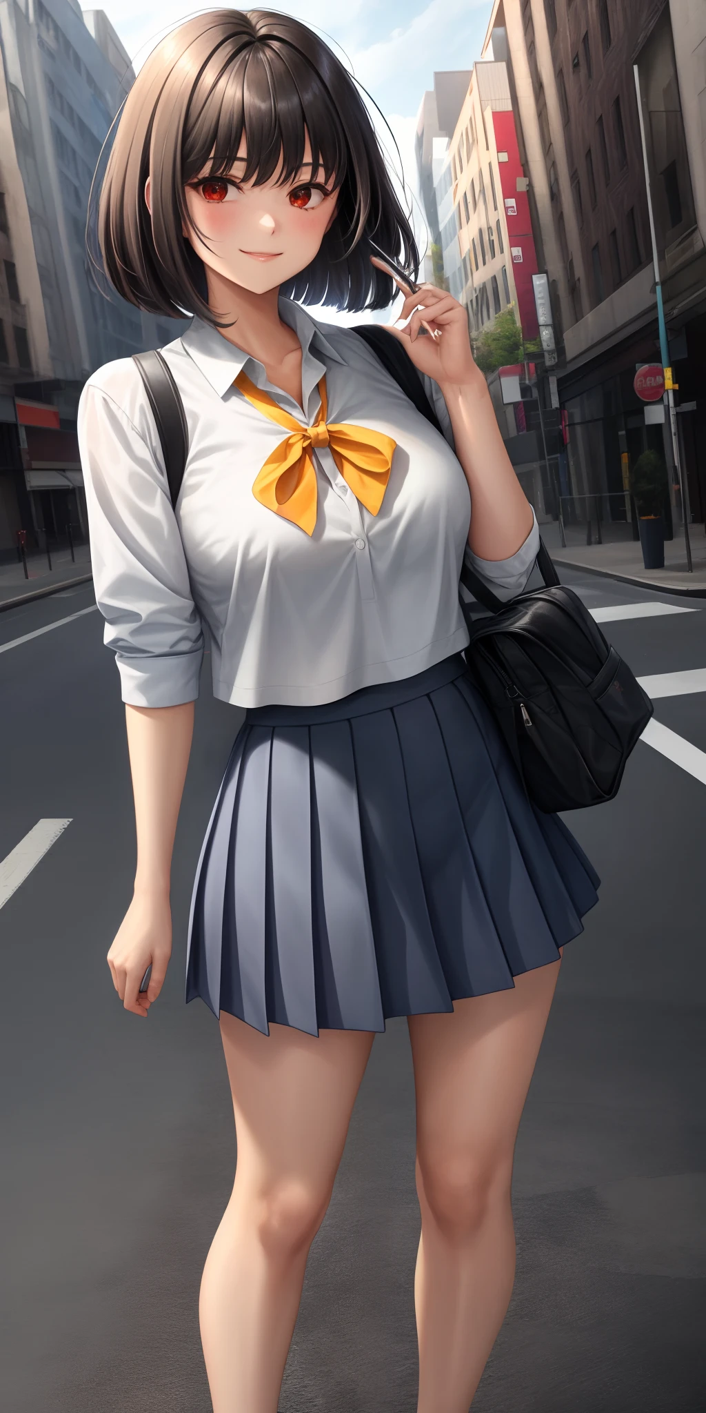 {{1girl, solo}}, {{loli}}, grey hair, light brown hair, medium hair, {hair pin}, swept bangs, sidelocks, bob cut, red eyes, shiny eyes, {{{tareme}}}, closed mouth, small breast, school uniform, {{yellow vest}}, grey skirt, standing, light smiling,