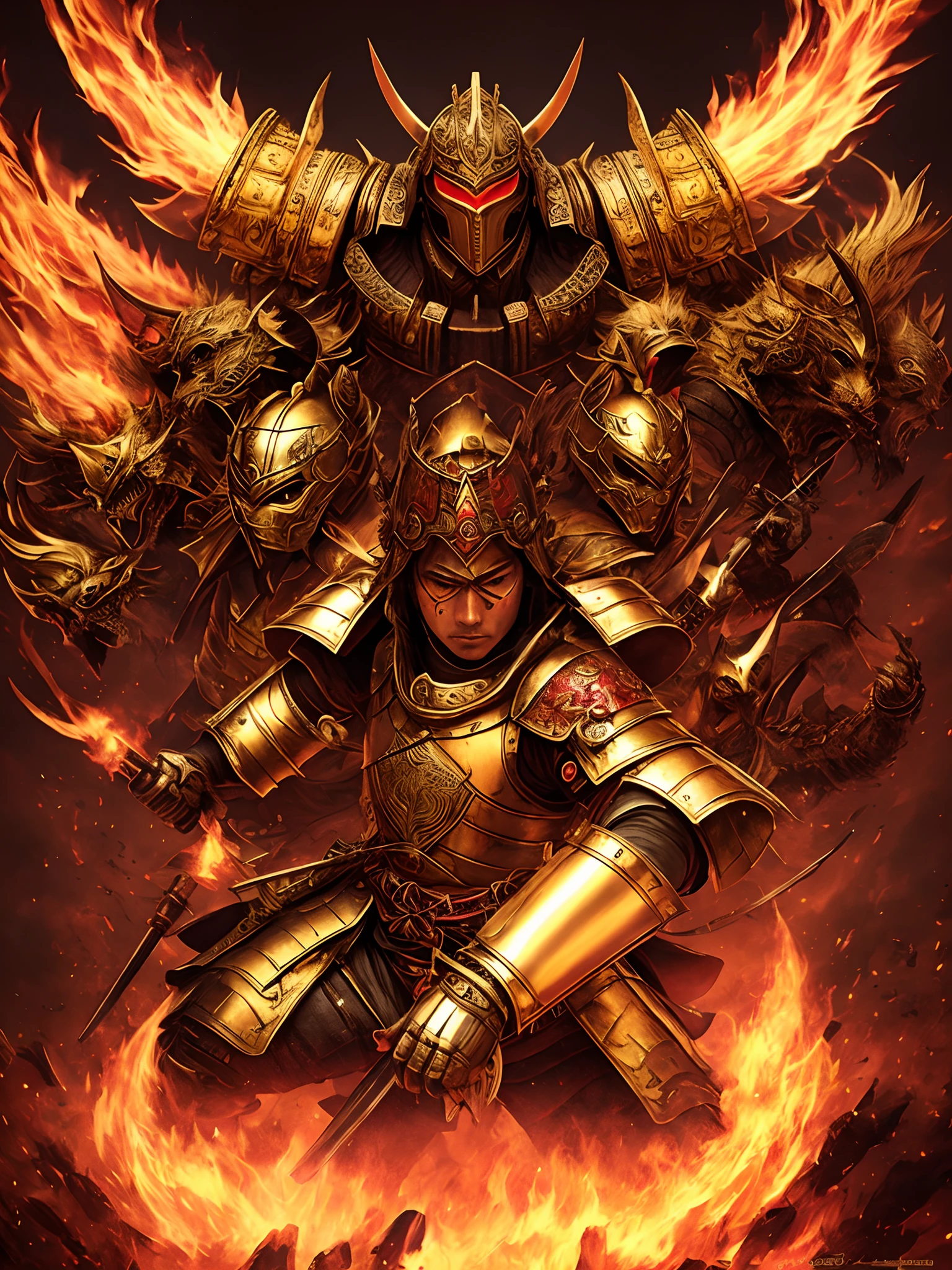 A fierce samurai adorned in shining golden and red armor, staring stoically forward faceless in a fierce pose with the souls of his fallen enemies clutched tightly in his hands.