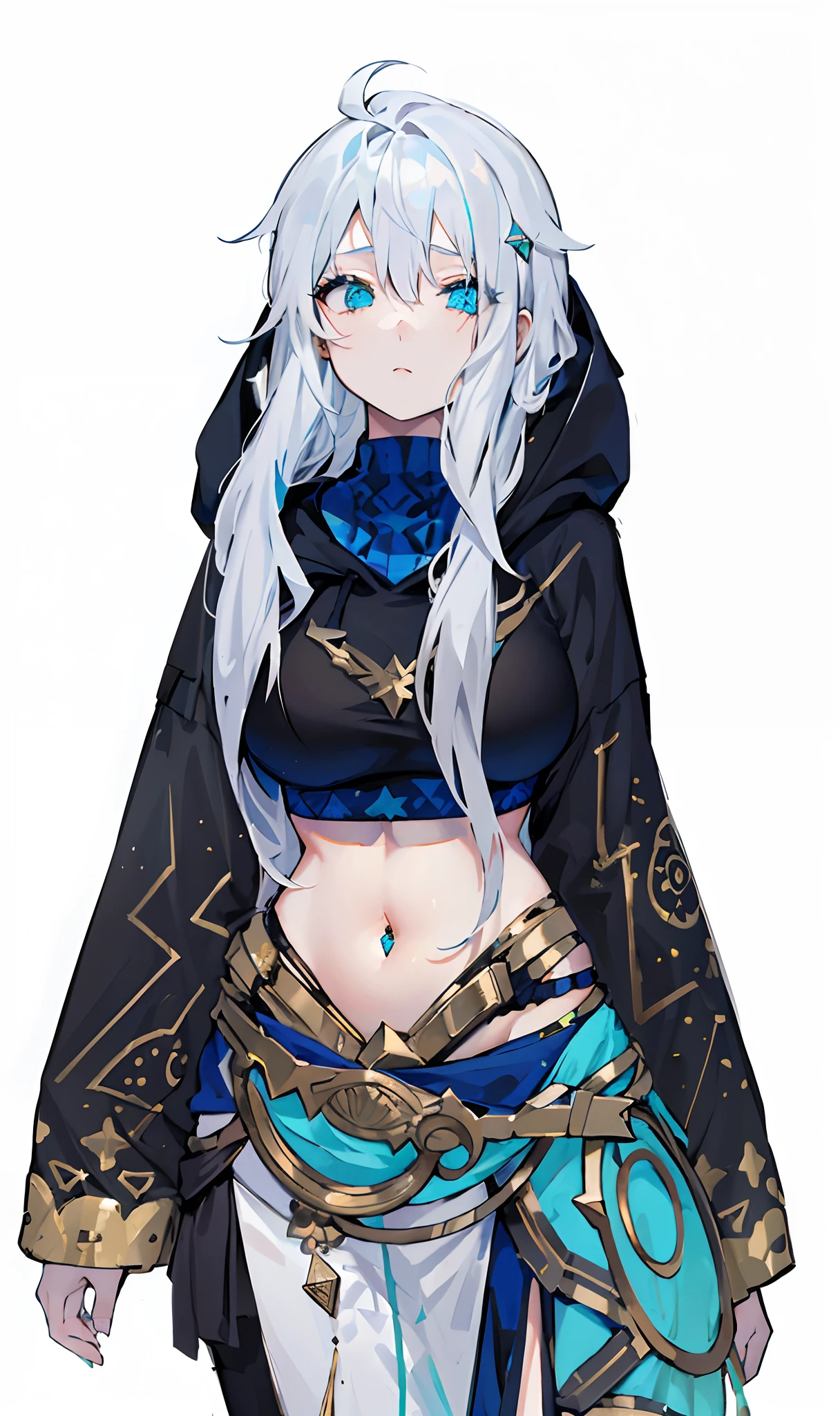 a girl with white disheveled hair, black hoodie with star patterns, belly dancer outfit, cyan eyes, golden accesories and patterns, chakrams, soft borders