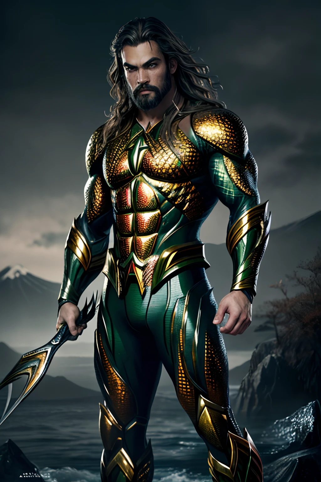 (11, RAW photo, bestquality, masterpiece: 1.2), ultra-detail, Formal art, photorealistic portrait: 1.37, Full body photos, man ((japan)) ,( Aquaman DC Beauty Superhero, grain of film, action pose,Clear eye details