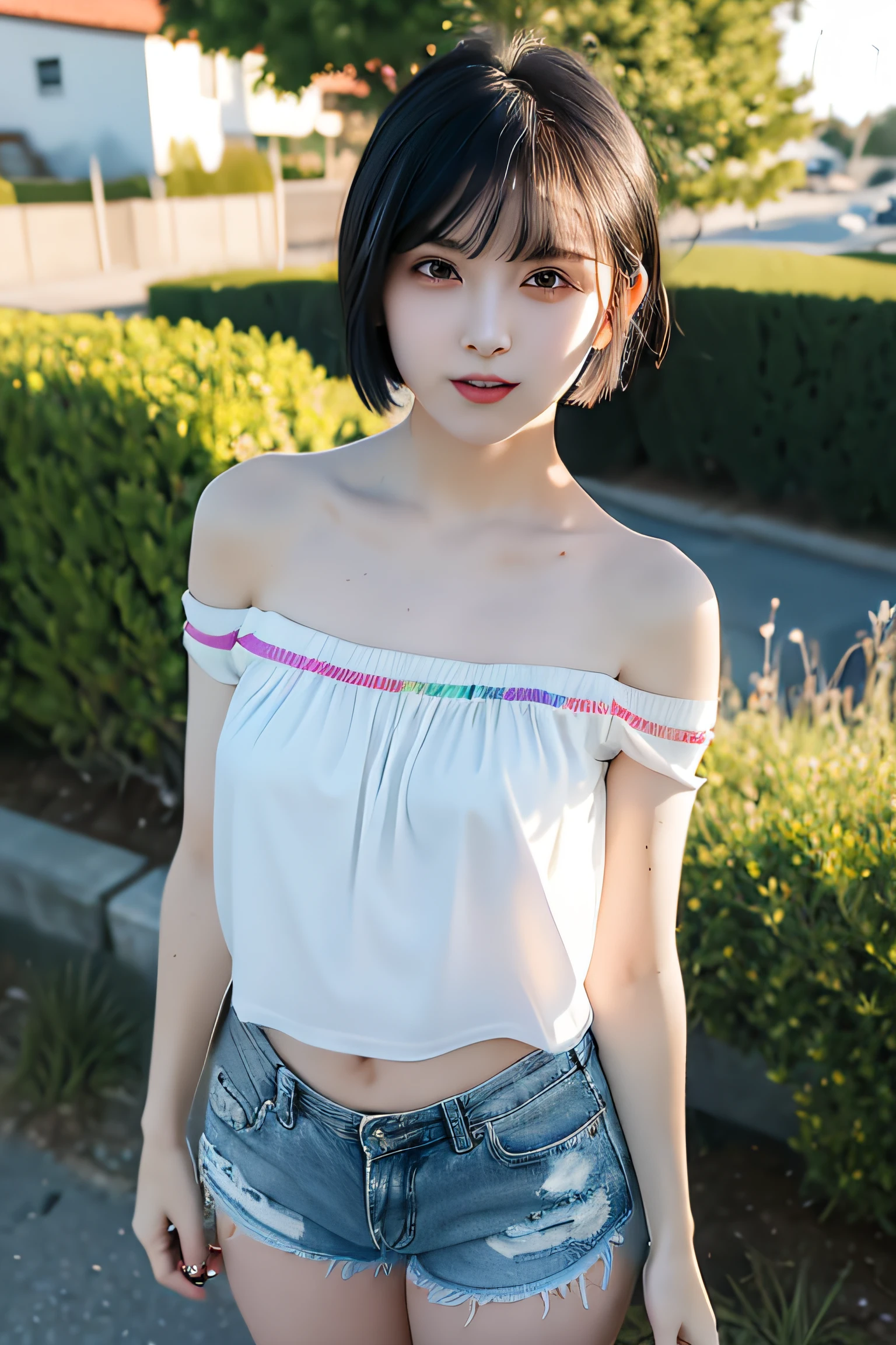 masterpiece, best quality, 1girl, aqua eyes, black hair, closed mouth, multicolored background, looking at viewer, short hair, outdoors, solo, full body, alluring, clean, beautiful face, pure face, pale skin, sexy pose,((camisole, shorts, off shoulder, navel)), cute