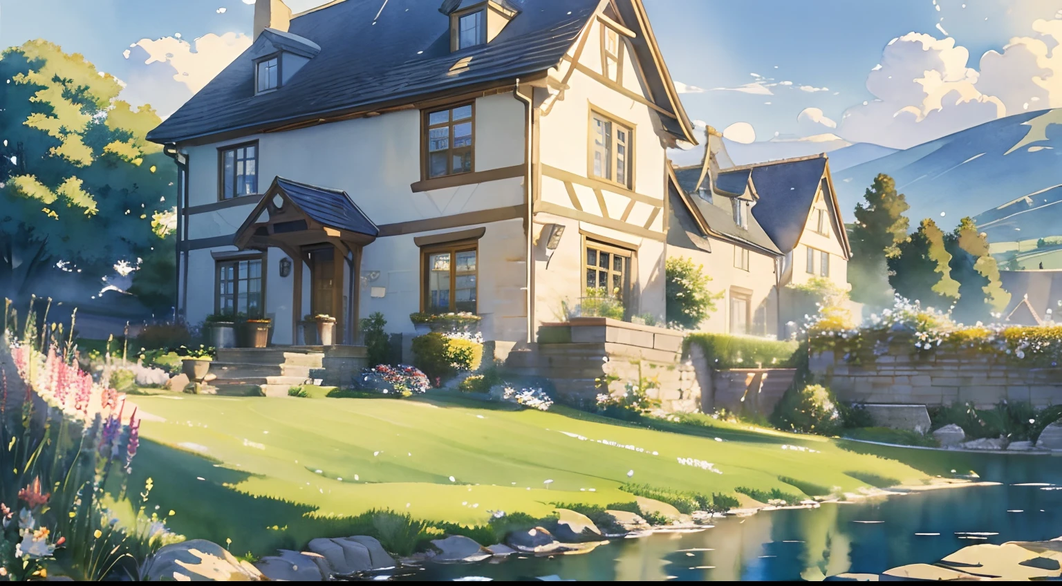 (Watercolor in Sargent style)、(top-quality、masterpiece)、Soft light、View of the Cotswolds,Stone House、Flowers blooming on the walls of the house、Nearby creeks、flower field、Morning haze、