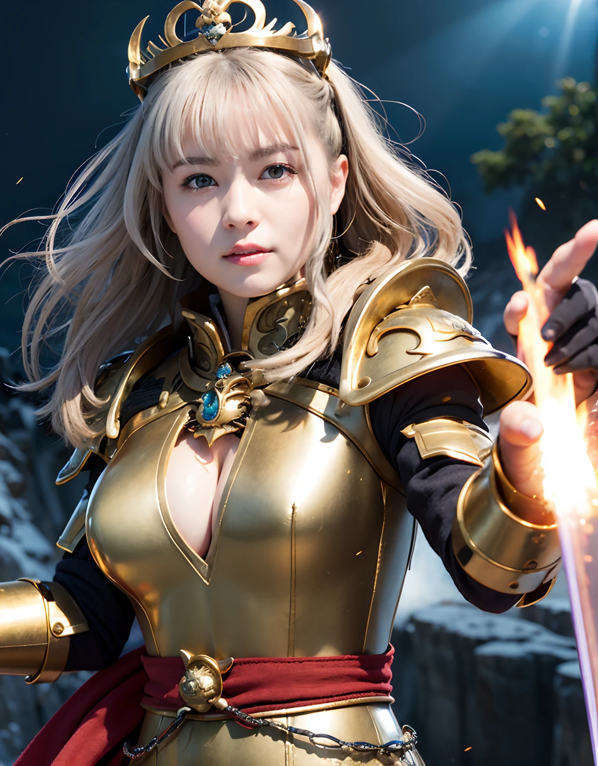 Professional , masterpiece、top-quality、photos realistic , 、top-quality、超A high resolution、(Photorealsitic:1.4)、Raw photo、depth of fields (Gemstone Gold Metal Body:1.9),(Matte White、Toostock、cleavage of the breast、(cleavage of the breast)、(Detailed Dragon Armor)、(Have the strongest weapon)、((Random Hairstyles 1.6),Dark Fantasy,)explosions、intense fighting、(Precipitous cliffs),Dragon Gold Weapon,Mystical expression、Particles of light、Fight dragons、(Detailed Dragon Helmet),Gorgeous Silver Weapons ,(( Dragon's dense and gorgeous sword)) , Beautiful knife ,warhammer 40k ,Detail and gorgeous crown、((Blue hair))、(Castle background)、、((Gangle's forest background))、Beautiful Caucasian beauty、1a person、dynamic ungle,((()))、Smaller head、A smile、Castle background、Thin and beautiful female hands、cleavage of the breast、Soldier in iron armor on background、Mystical expression、Light Effects、intense fighting、Wind-effect、magic circles、With the legendary magic wand、(demonic wings)、Toostock、