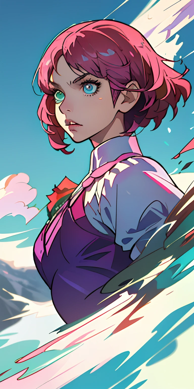 (master part, melhor qualidade) Alisa Rosto bonito, Olhos verdes detalhados , roupas elegantes e detalhadas , puffy lips ,Short Pink Hair Flower Accessories, (melhores detalhes) ( melhor qualidade) espetacular, dramatic scenery, Tekken , Digital anime illustration, Estilo anime 4K, por Yang J, Arte Digital Anime detalhada, arte digital estilo anime, a beautiful artwork illustration, Digital anime illustration, Arte Digital Anime, 8k arte detalhada de alta qualidade, tekken 7