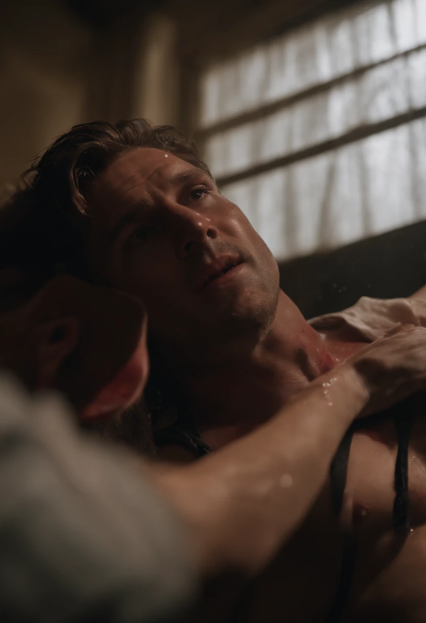 Tv scene (dean male 17 hanging from ceiling bound by wrist bloody and wet )(bekah 16 Female lays in front of him unconscious in a bra and underwear)(another man in a mask is standing over bekah with a metal ba